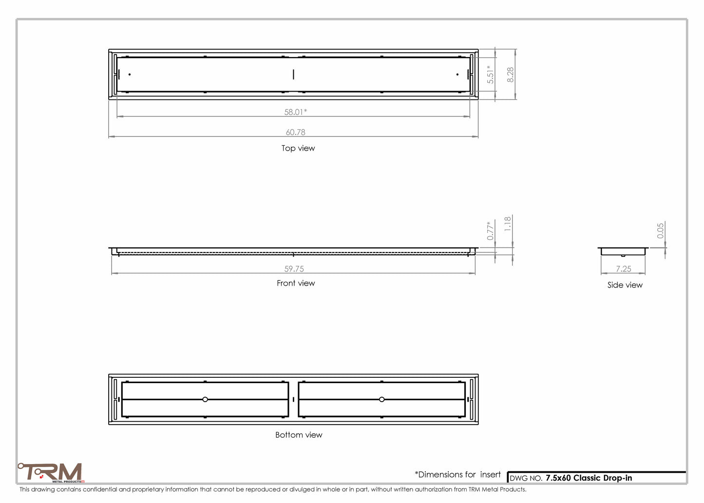 7.5x60 - Classic Drop-in Air Vent, Flush Floor-Matching, All Metal, Floor Vent Cover - TRM Metal  60x7.5