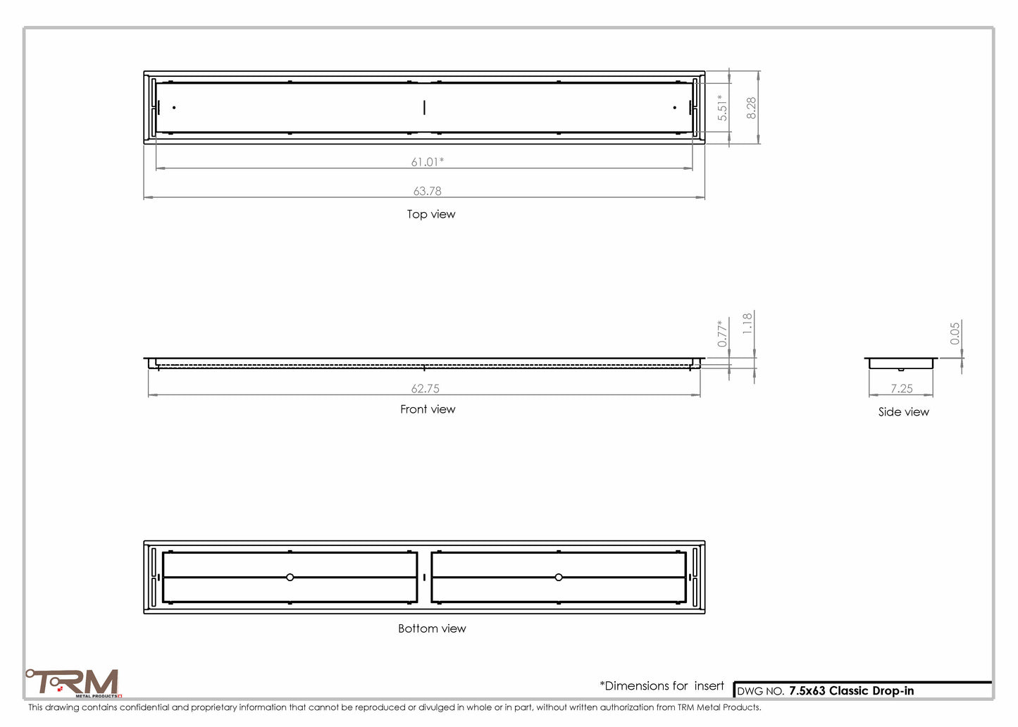 7.5x63 - Classic Drop-in Air Vent, Flush Floor-Matching, All Metal, Floor Vent Cover - TRM Metal  63x7.5