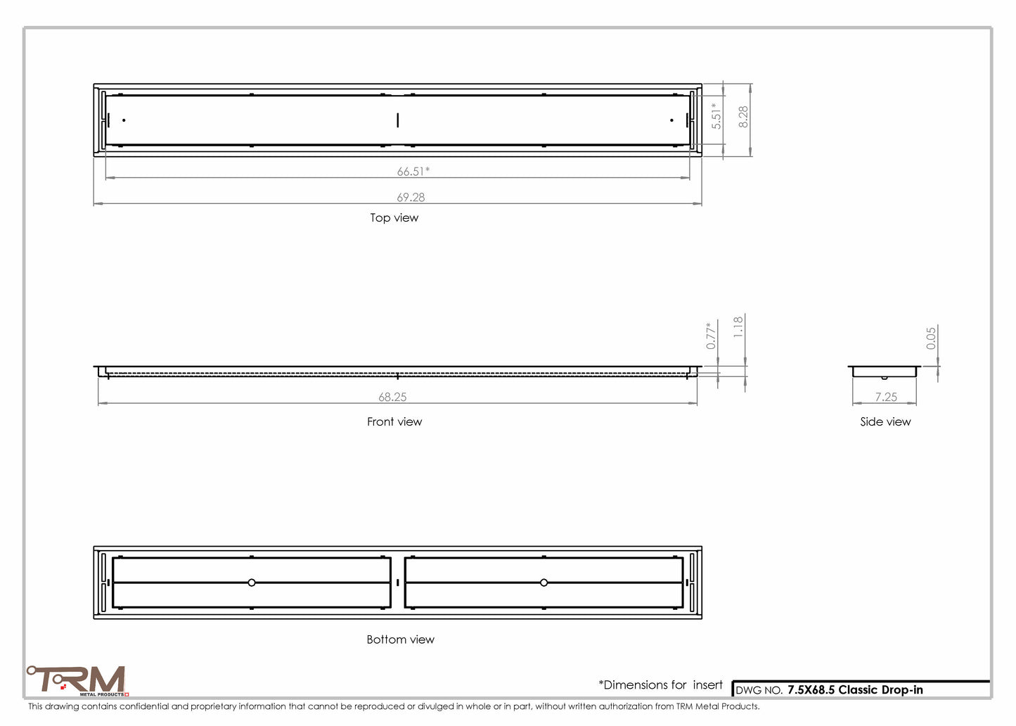 7.5x68.5 - Classic Drop-in Air Vent, Flush Floor-Matching, All Metal, Floor Vent Cover - TRM Metal  68.5x7.5
