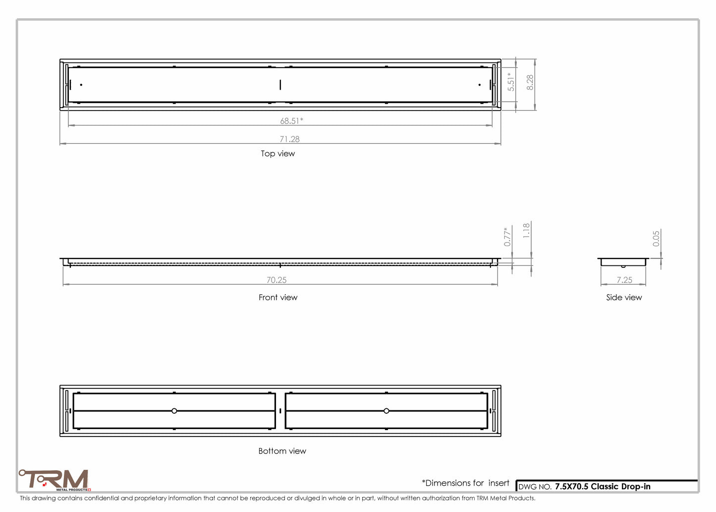 7.5x70.5 - Classic Drop-in Air Vent, Flush Floor-Matching, All Metal, Floor Vent Cover - TRM Metal  70.5x7.5