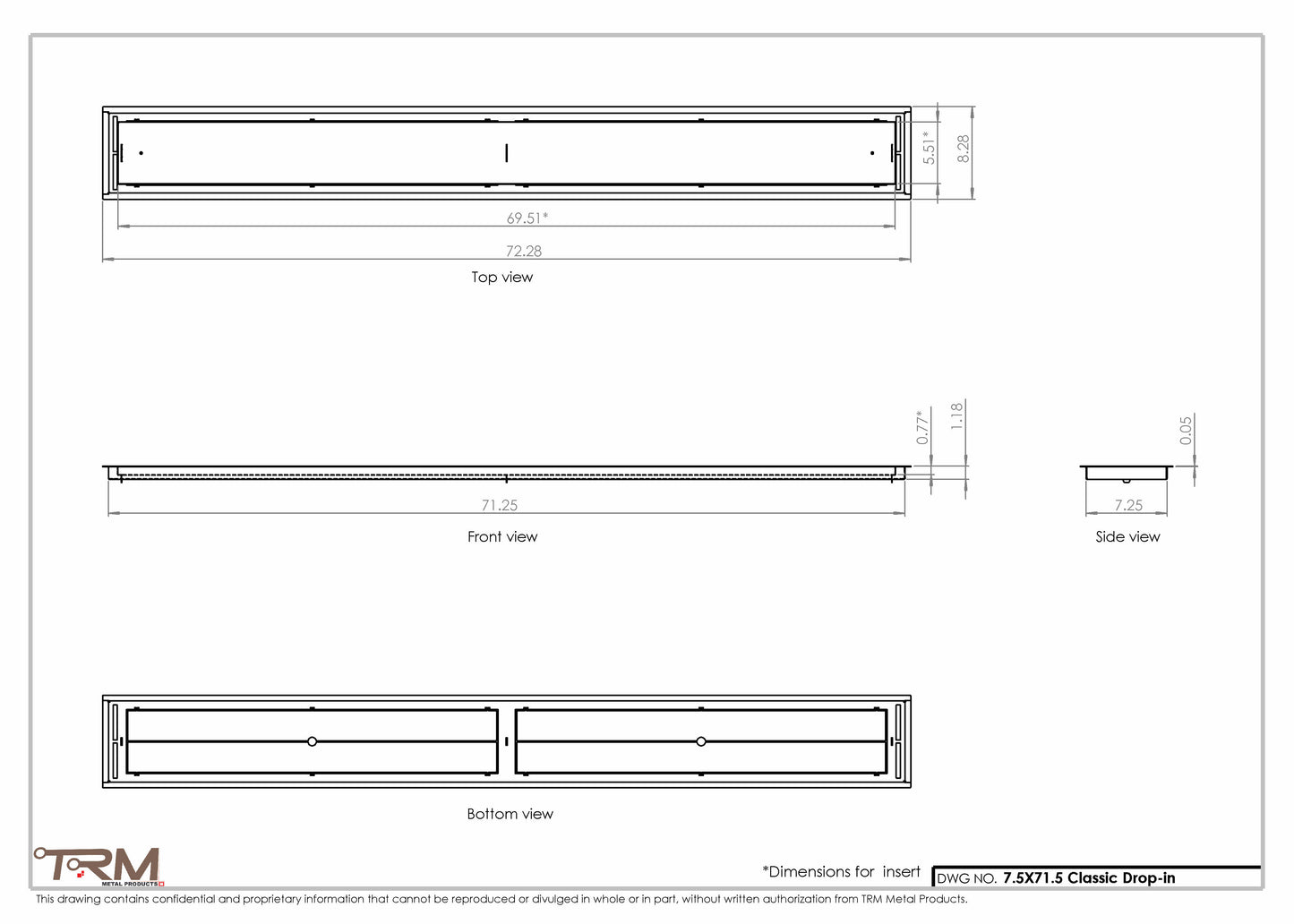 7.5x71.5 - Classic Drop-in Air Vent, Flush Floor-Matching, All Metal, Floor Vent Cover - TRM Metal  71.5x7.5