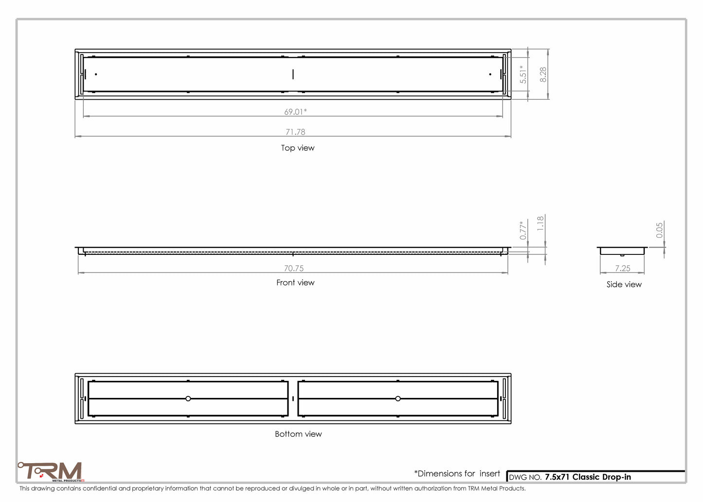 7.5x71 - Classic Drop-in Air Vent, Flush Floor-Matching, All Metal, Floor Vent Cover - TRM Metal  71x7.5