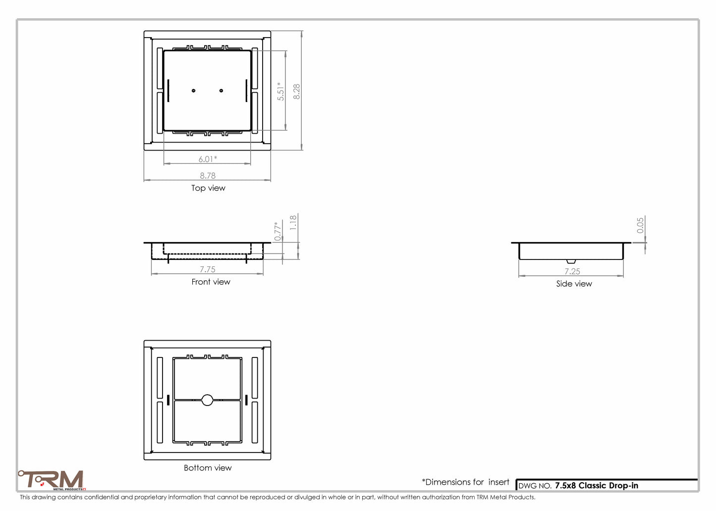 7.5x8 - Classic Drop-in Air Vent, Flush Floor-Matching, All Metal, Floor Vent Cover - TRM Metal  8x7.5