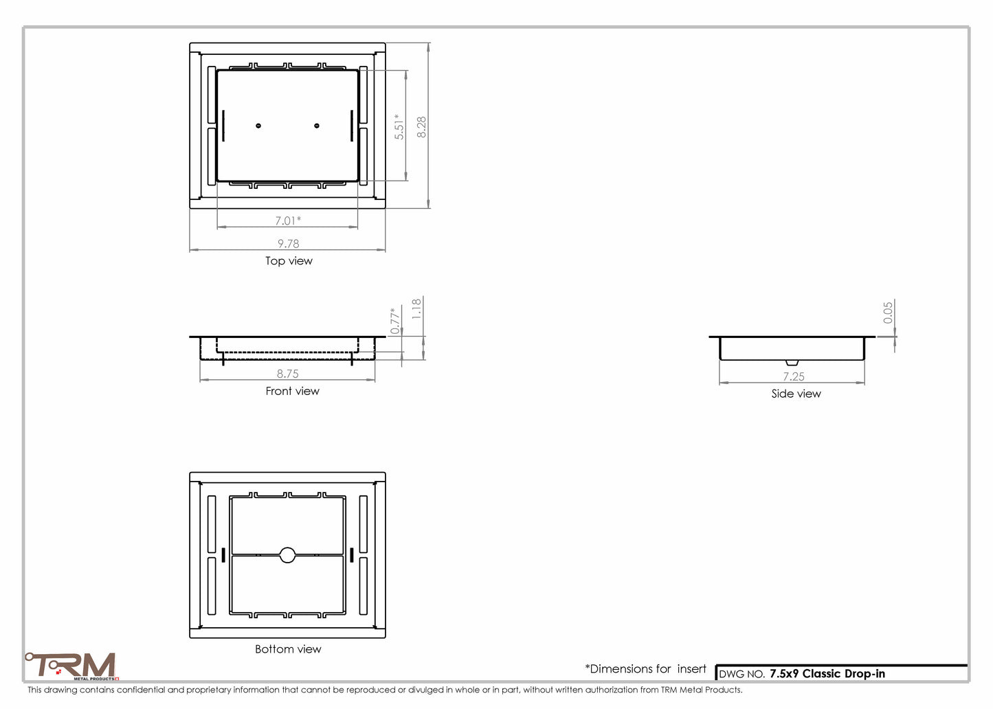 7.5x9 - Classic Drop-in Air Vent, Flush Floor-Matching, All Metal, Floor Vent Cover - TRM Metal  9x7.5