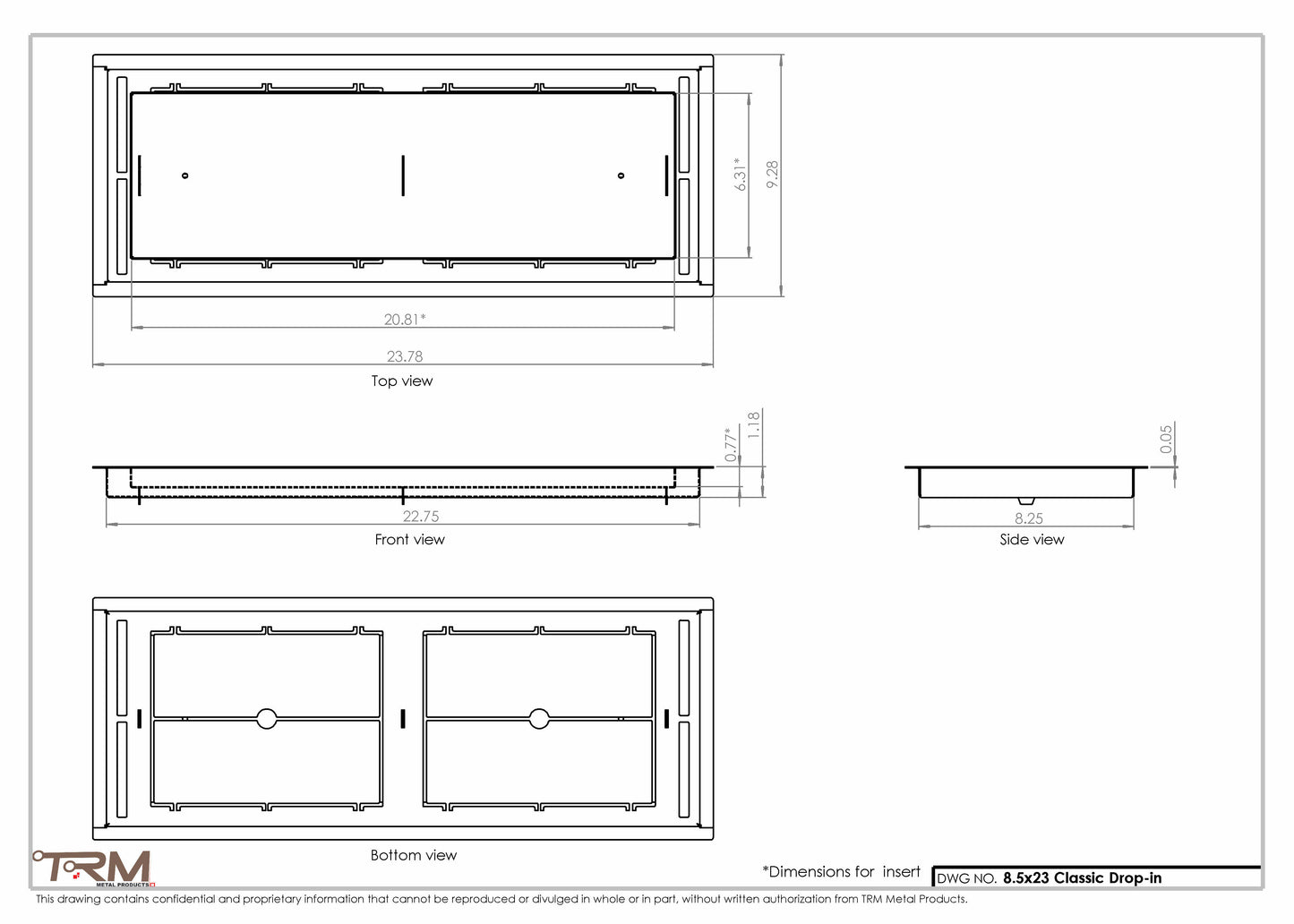 8.5x23 - Classic Drop-in Air Vent, Flush Floor-Matching, All Metal, Floor Vent Cover - TRM Metal  23x8.5