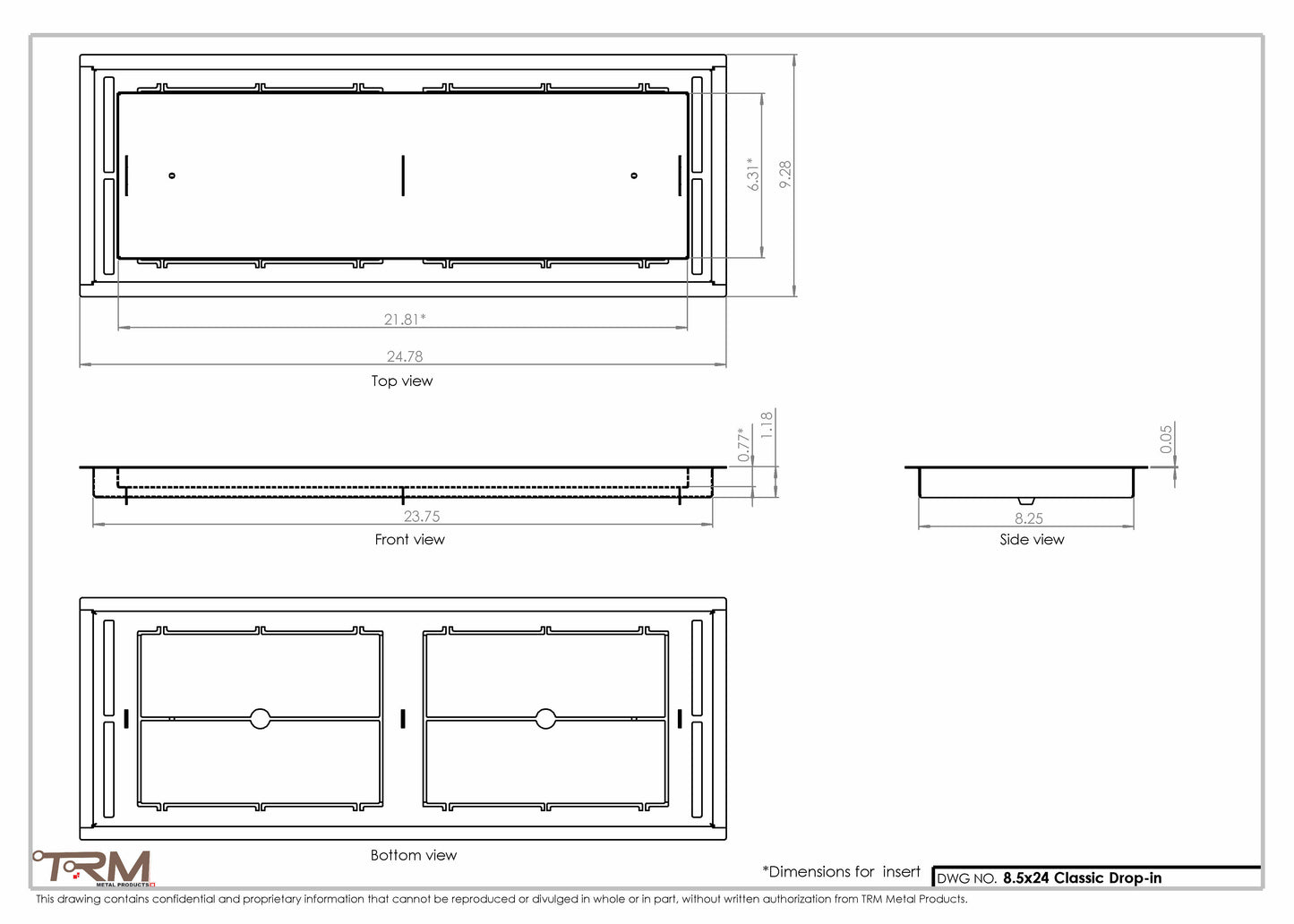 8.5x24 - Classic Drop-in Air Vent, Flush Floor-Matching, All Metal, Floor Vent Cover - TRM Metal  24x8.5