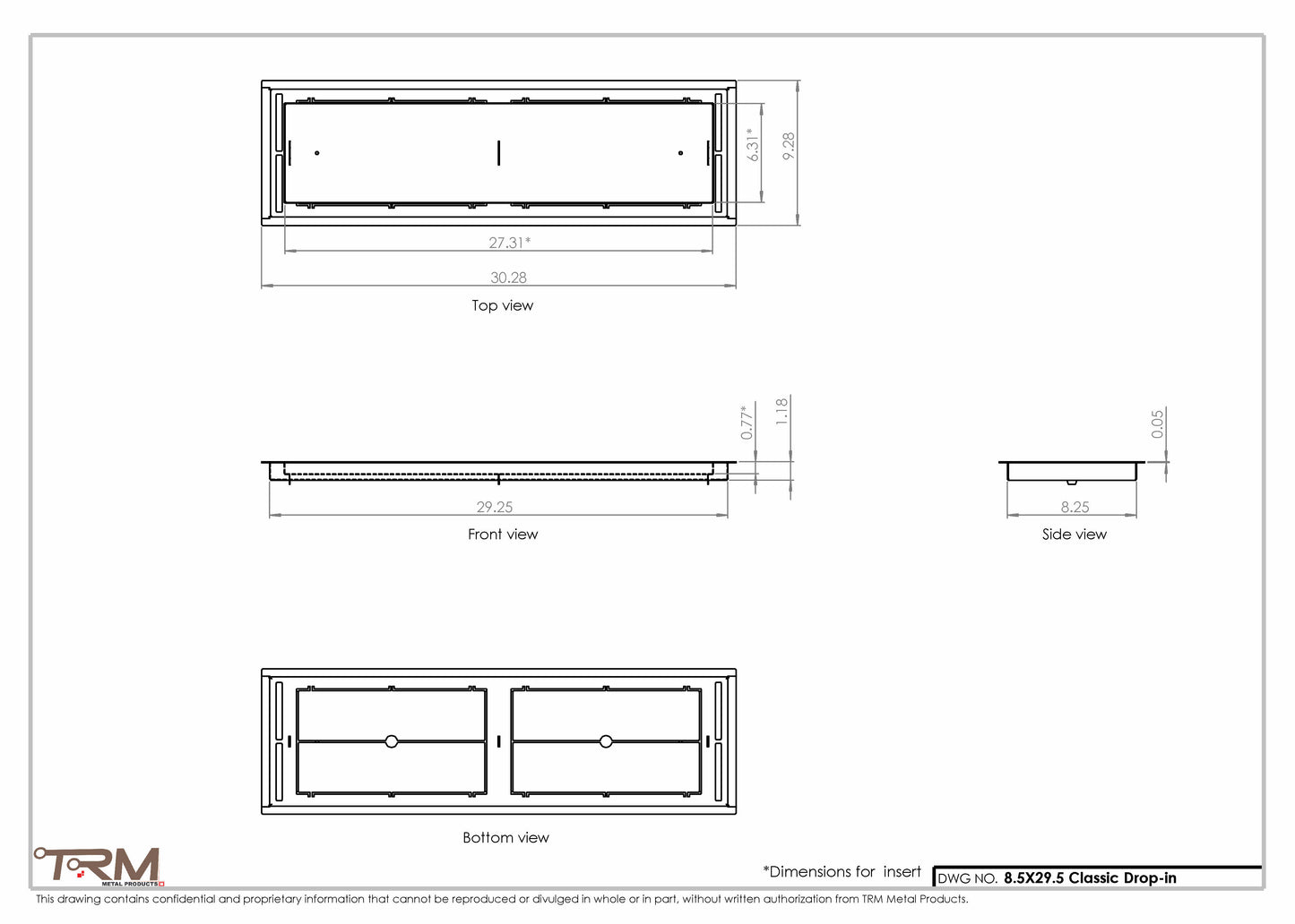 8.5x29.5 - Classic Drop-in Air Vent, Flush Floor-Matching, All Metal, Floor Vent Cover - TRM Metal  29.5x8.5
