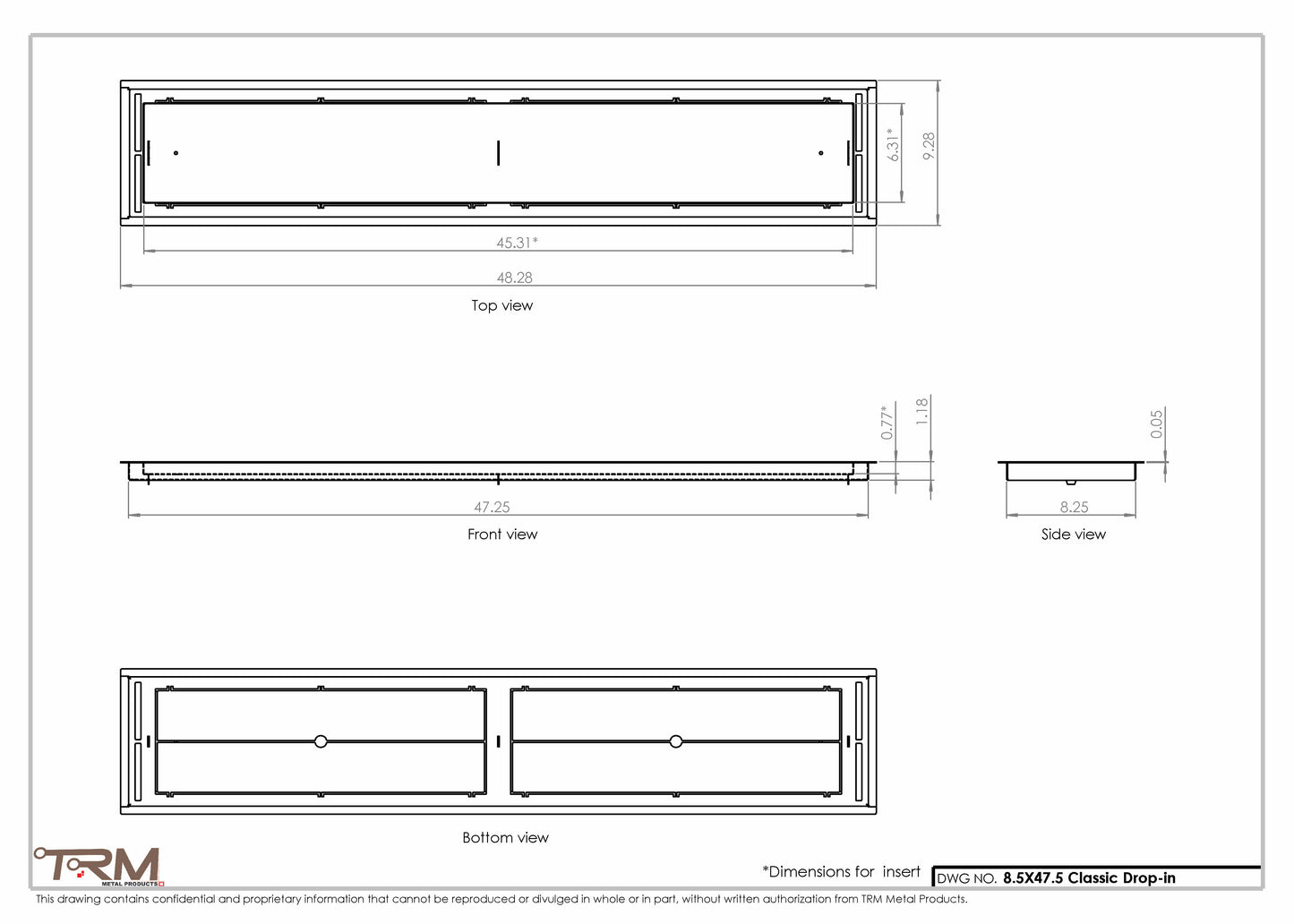 8.5x47.5 - Classic Drop-in Air Vent, Flush Floor-Matching, All Metal, Floor Vent Cover - TRM Metal  47.5x8.5