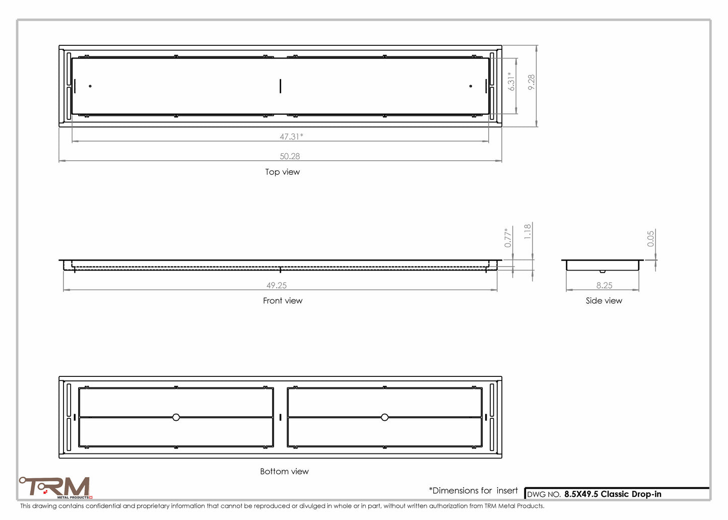8.5x49.5 - Classic Drop-in Air Vent, Flush Floor-Matching, All Metal, Floor Vent Cover - TRM Metal  49.5x8.5