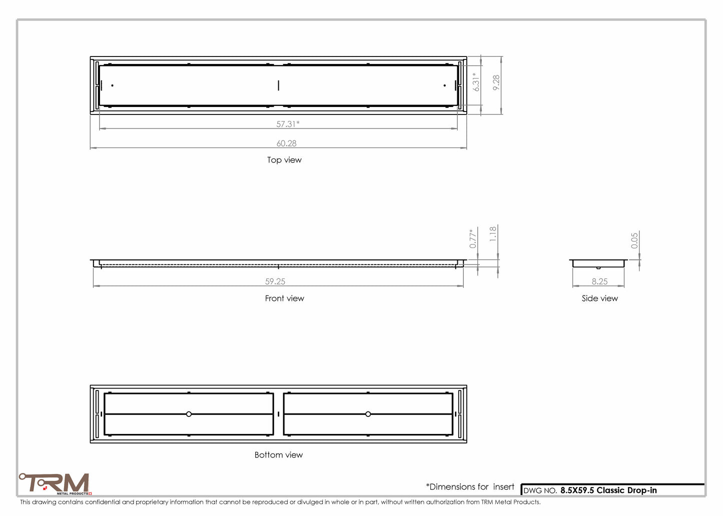 8.5x59.5 - Classic Drop-in Air Vent, Flush Floor-Matching, All Metal, Floor Vent Cover - TRM Metal  59.5x8.5