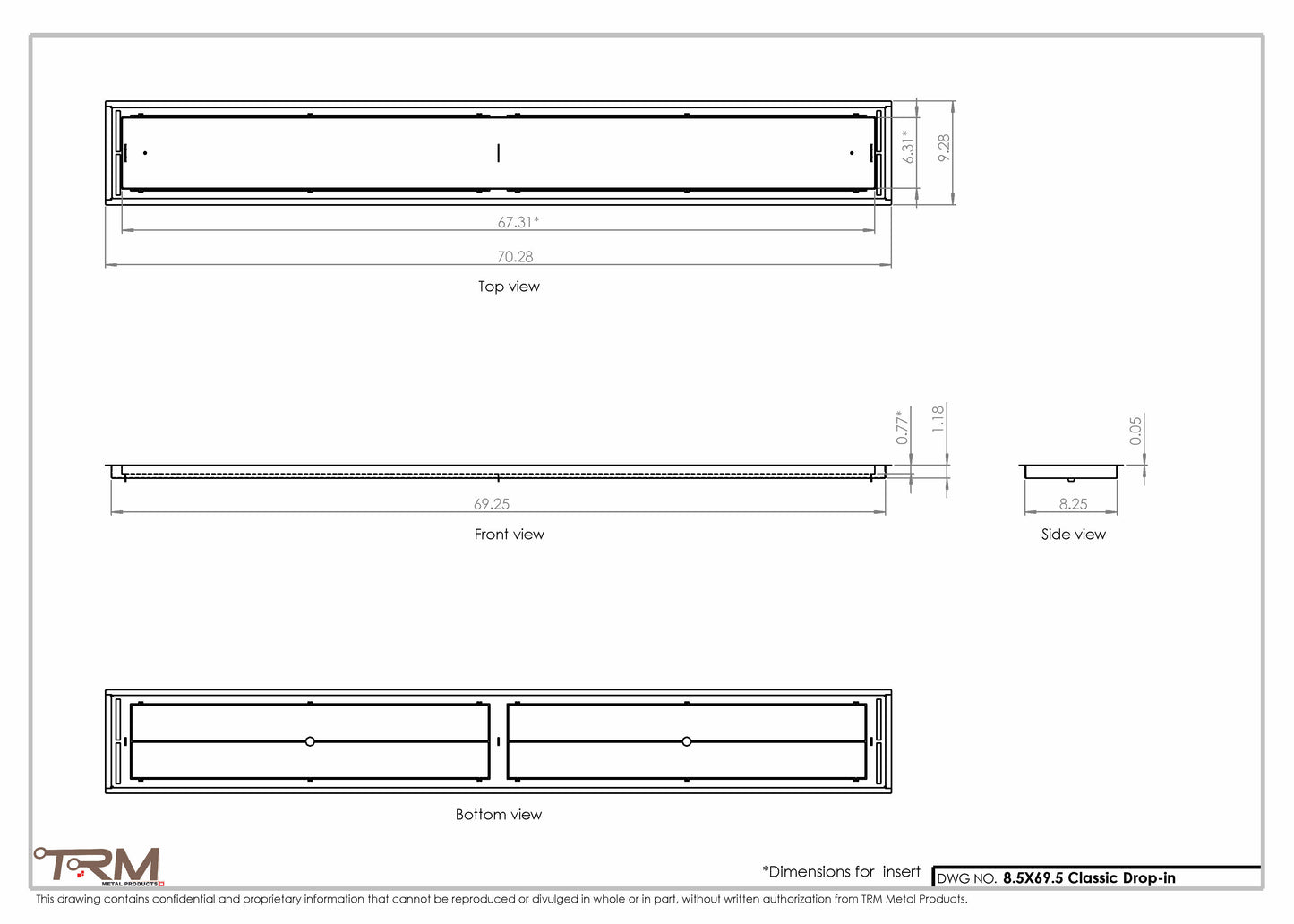 8.5x69.5 - Classic Drop-in Air Vent, Flush Floor-Matching, All Metal, Floor Vent Cover - TRM Metal  69.5x8.5