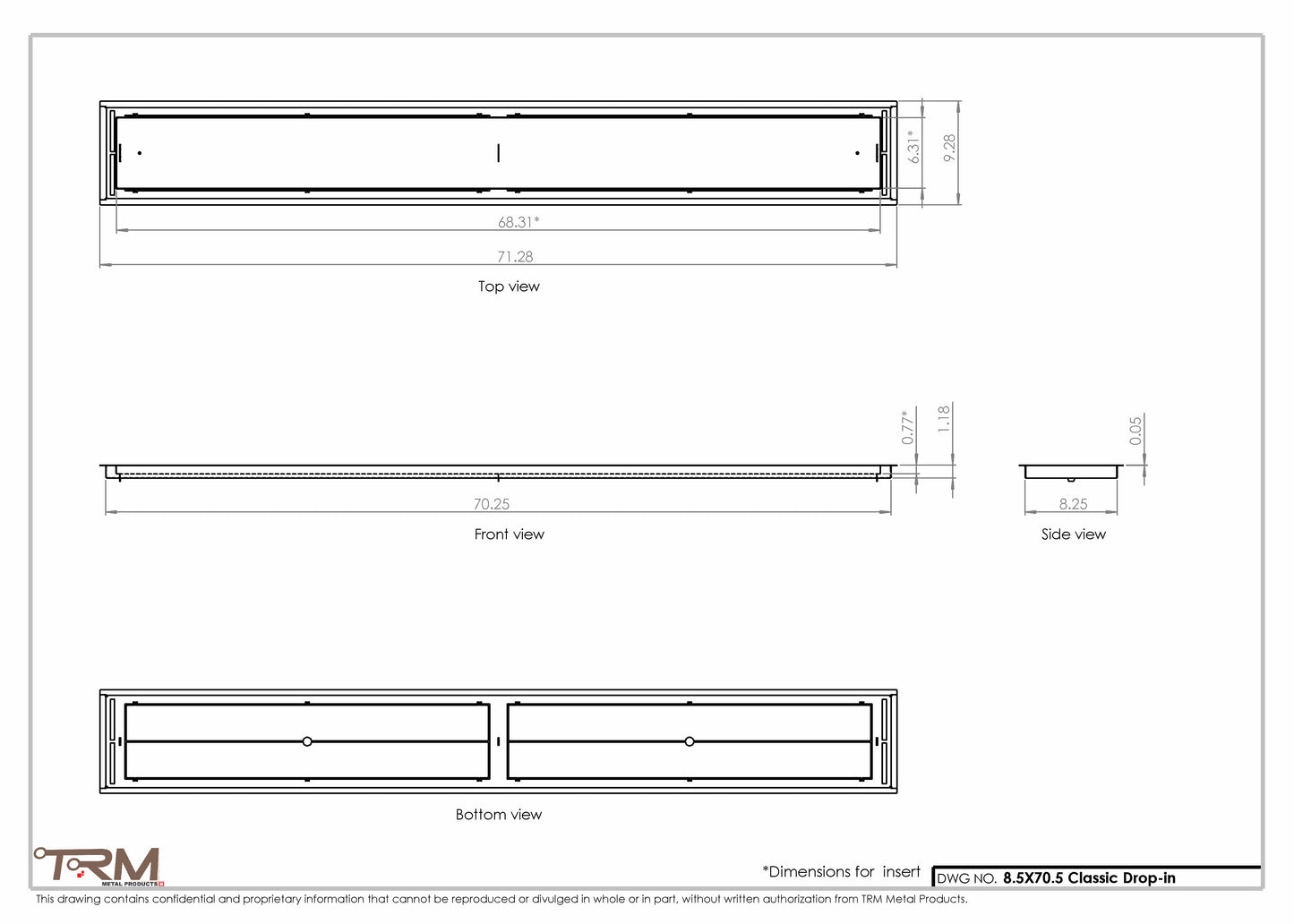 8.5x70.5 - Classic Drop-in Air Vent, Flush Floor-Matching, All Metal, Floor Vent Cover - TRM Metal  70.5x8.5
