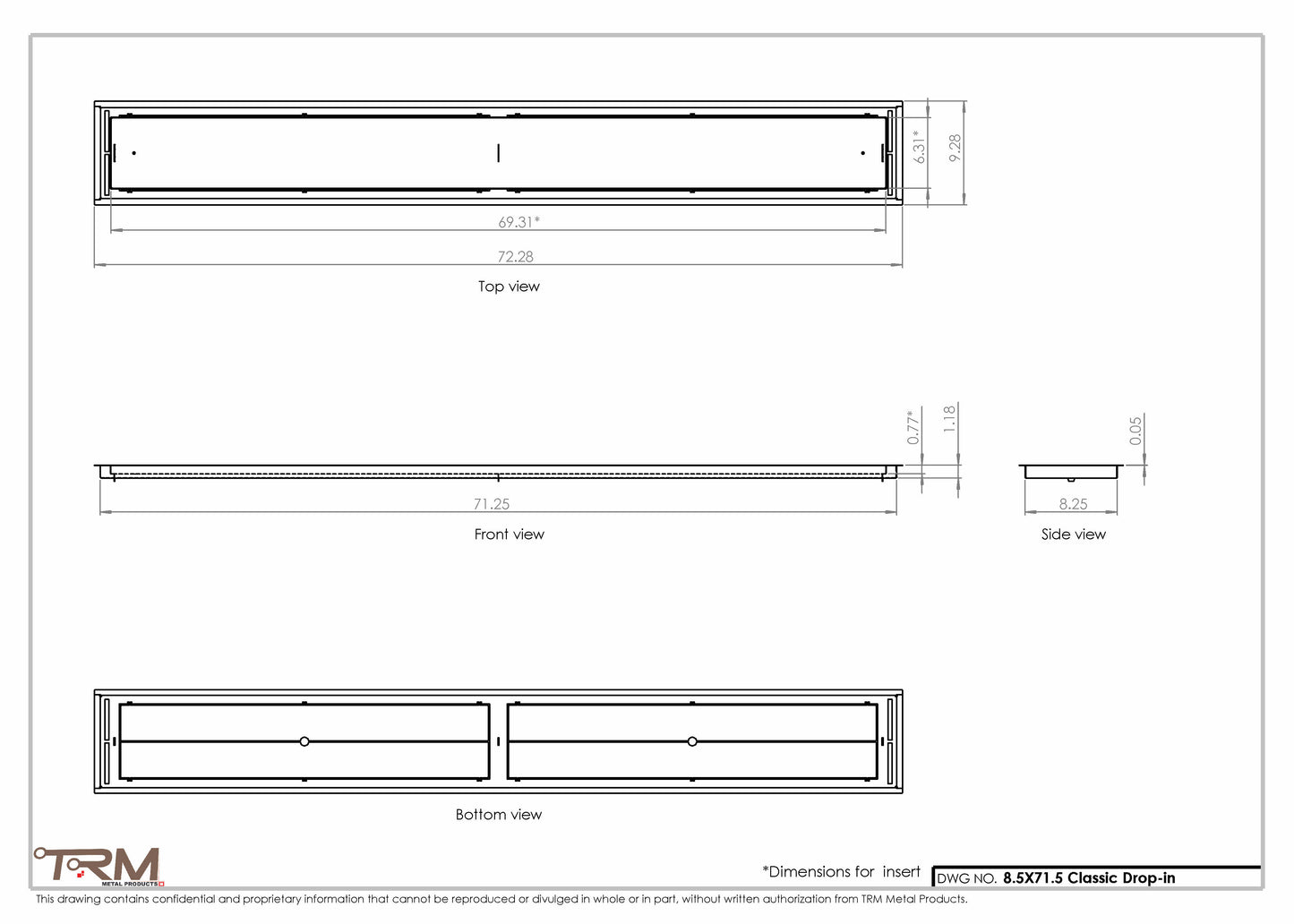 8.5x71.5 - Classic Drop-in Air Vent, Flush Floor-Matching, All Metal, Floor Vent Cover - TRM Metal  71.5x8.5