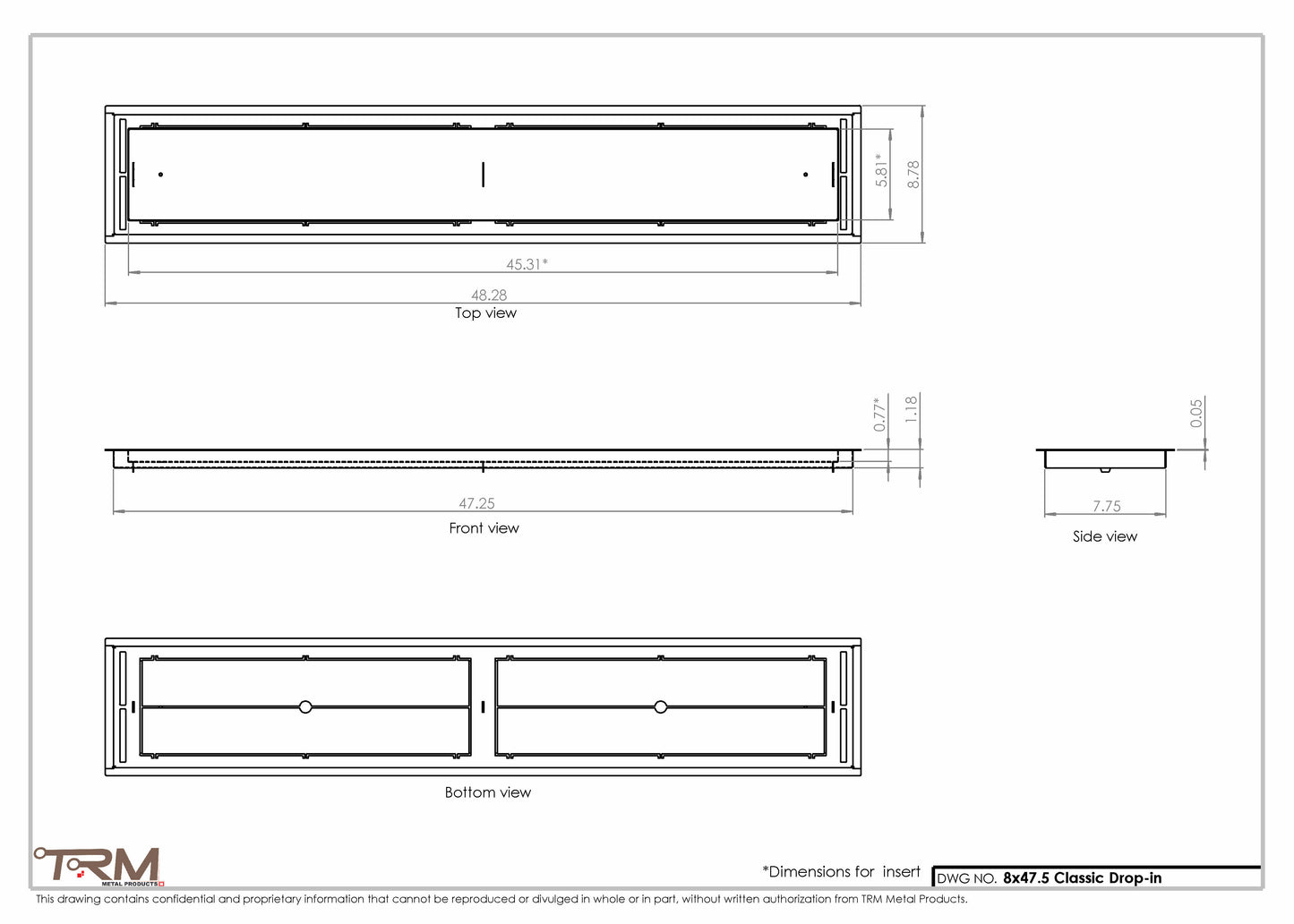 8x47.5 - Classic Drop-in Air Vent, Flush Floor-Matching, All Metal, Floor Vent Cover - TRM Metal  47.5x8