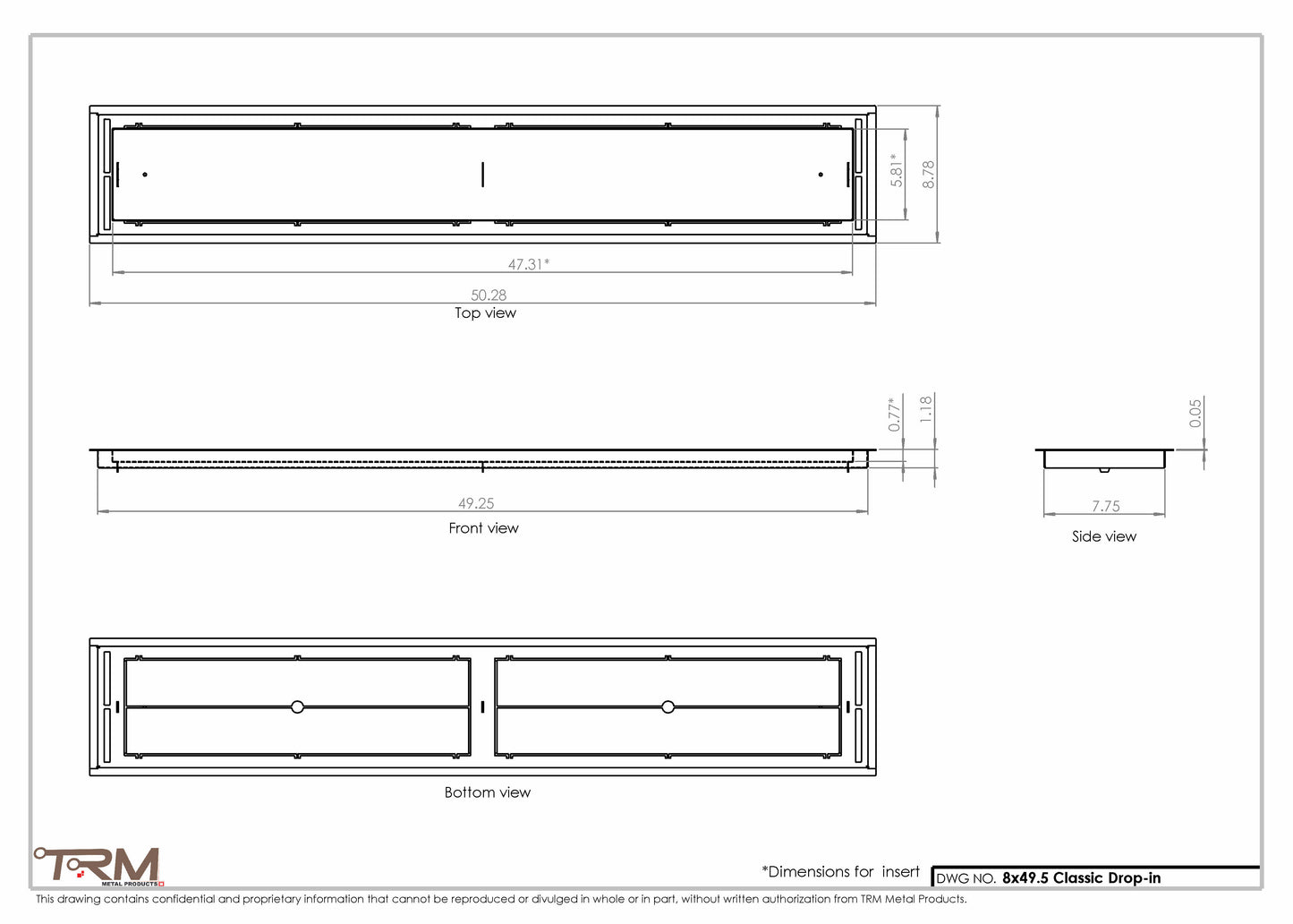 8x49.5 - Classic Drop-in Air Vent, Flush Floor-Matching, All Metal, Floor Vent Cover - TRM Metal  49.5x8