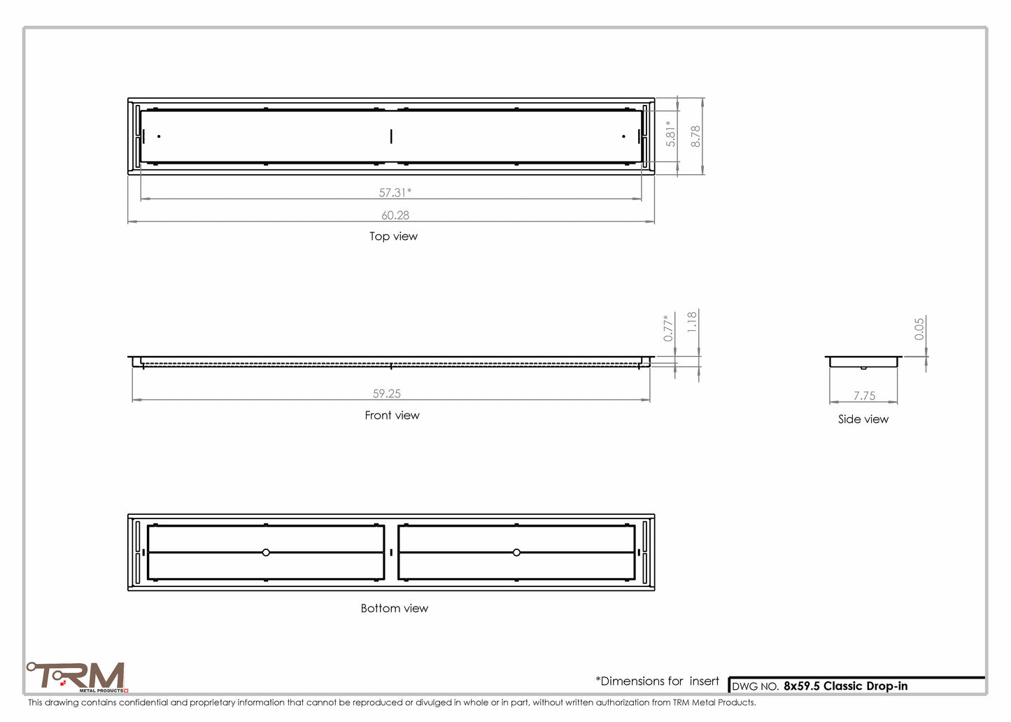 8x59.5 - Classic Drop-in Air Vent, Flush Floor-Matching, All Metal, Floor Vent Cover - TRM Metal  59.5x8