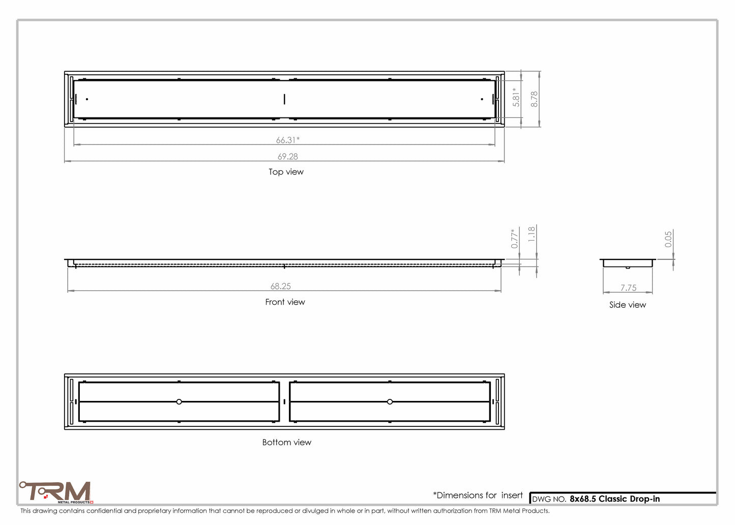 8x68.5 - Classic Drop-in Air Vent, Flush Floor-Matching, All Metal, Floor Vent Cover - TRM Metal  68.5x8