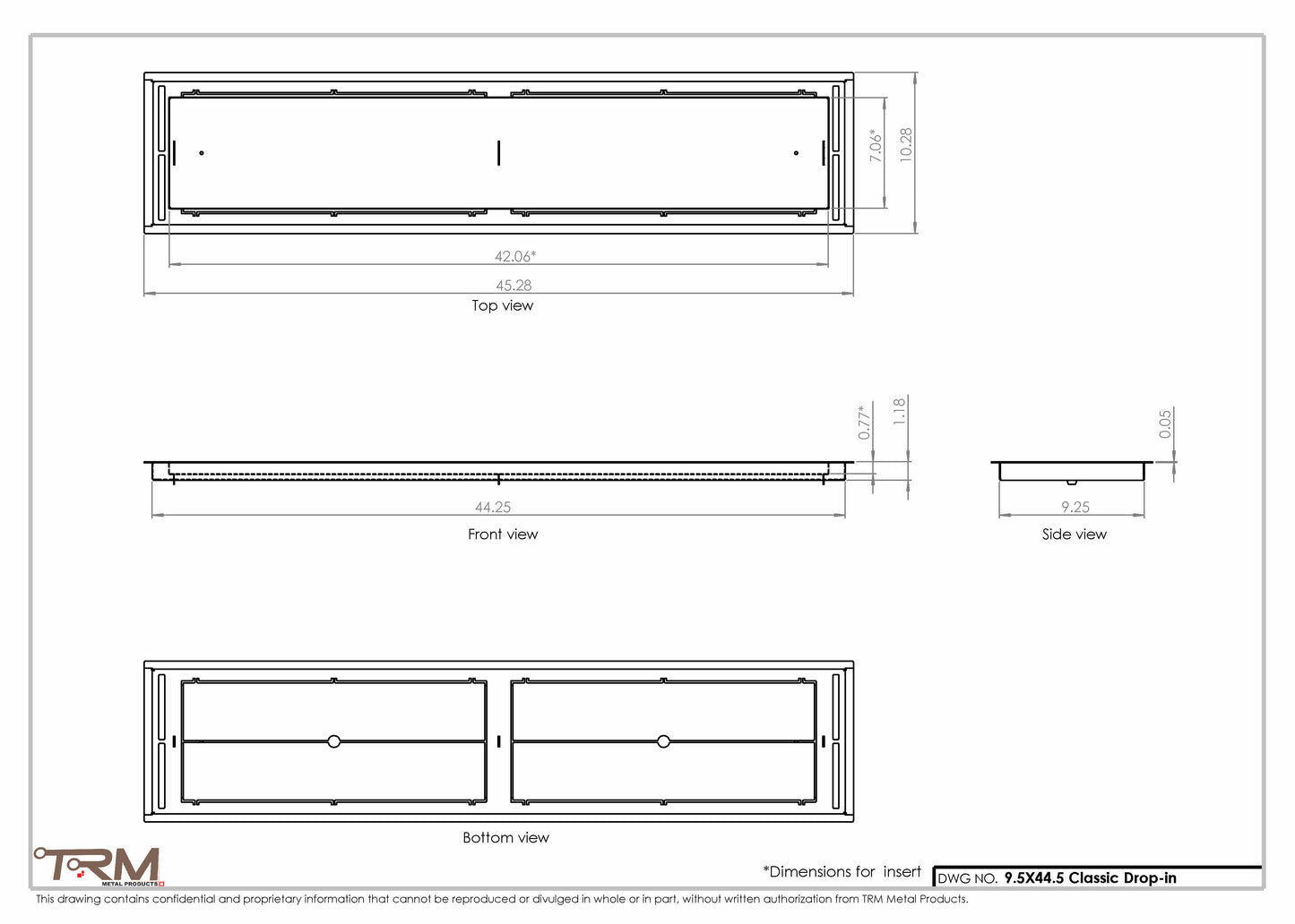 9.5x44.5 - Classic Drop-in Air Vent, Flush Floor-Matching, All Metal, Floor Vent Cover - TRM Metal  44.5x9.5