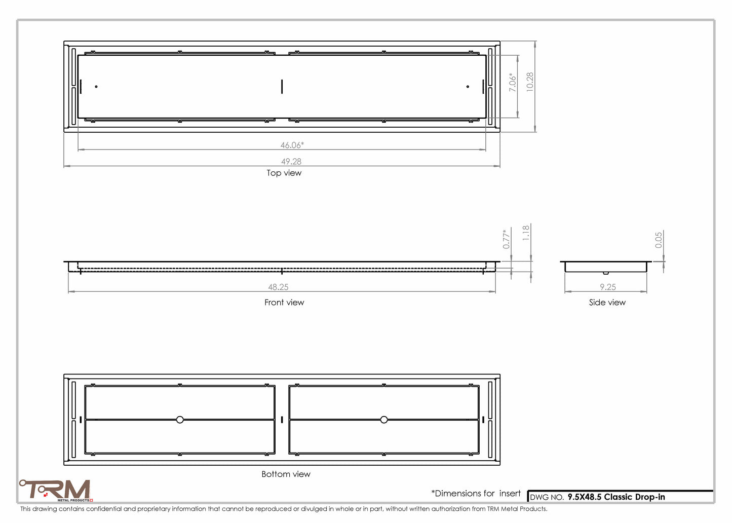 9.5x48.5 - Classic Drop-in Air Vent, Flush Floor-Matching, All Metal, Floor Vent Cover - TRM Metal  48.5x9.5