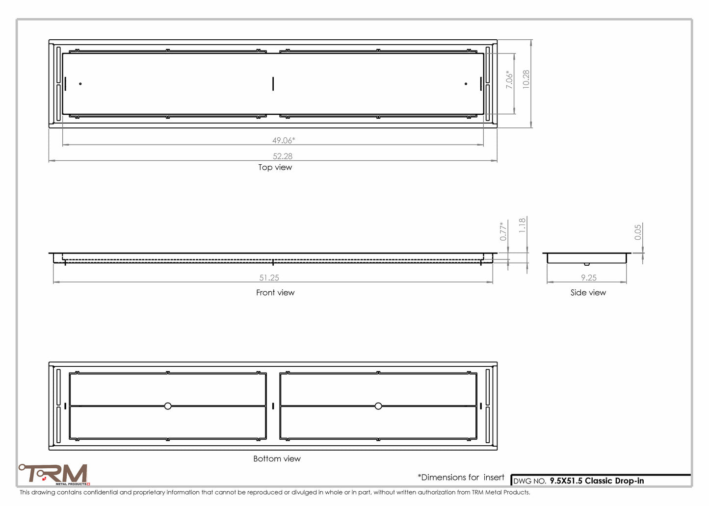 9.5x51.5 - Classic Drop-in Air Vent, Flush Floor-Matching, All Metal, Floor Vent Cover - TRM Metal  51.5x9.5