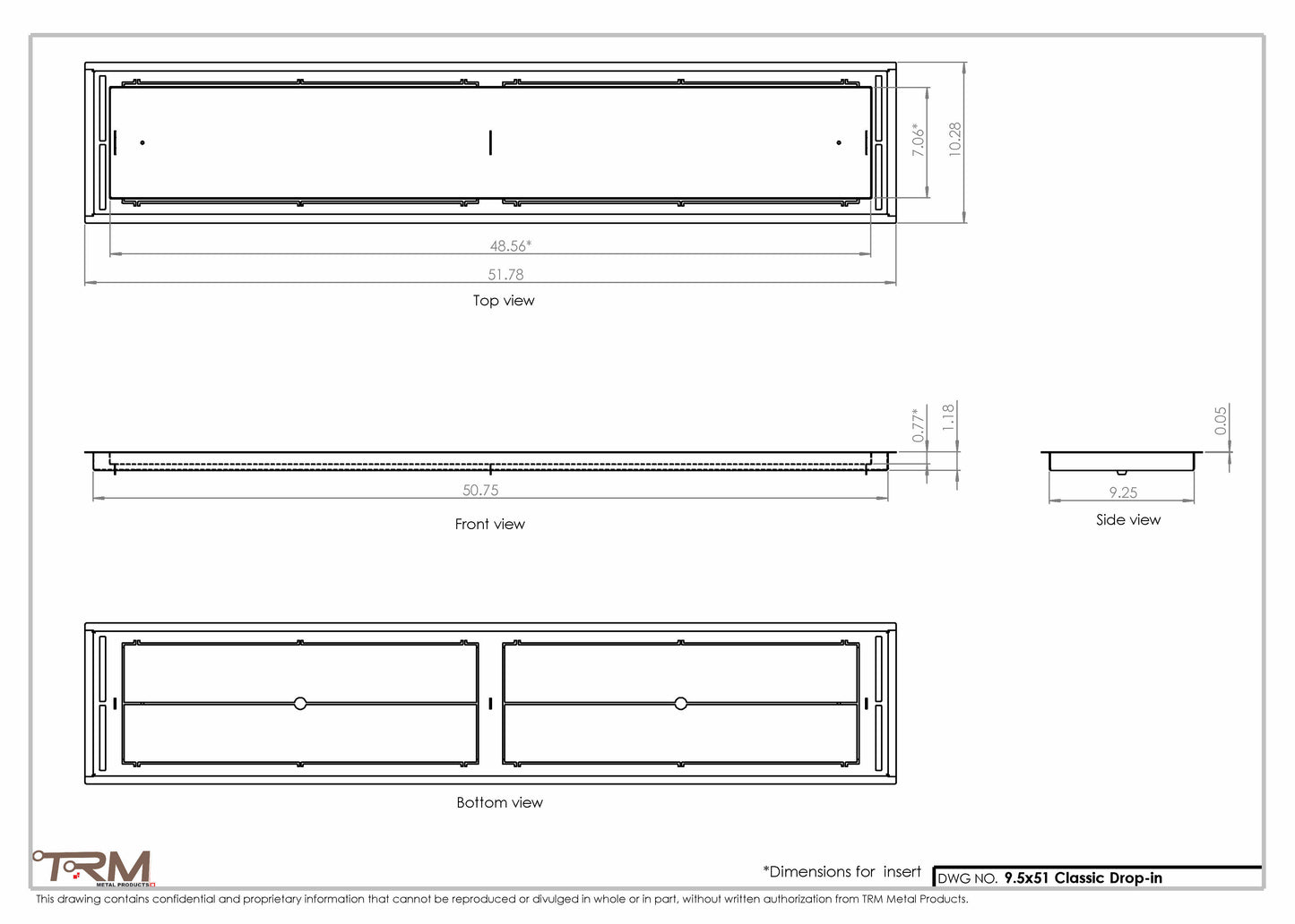 9.5x51 - Classic Drop-in Air Vent, Flush Floor-Matching, All Metal, Floor Vent Cover - TRM Metal  51x9.5