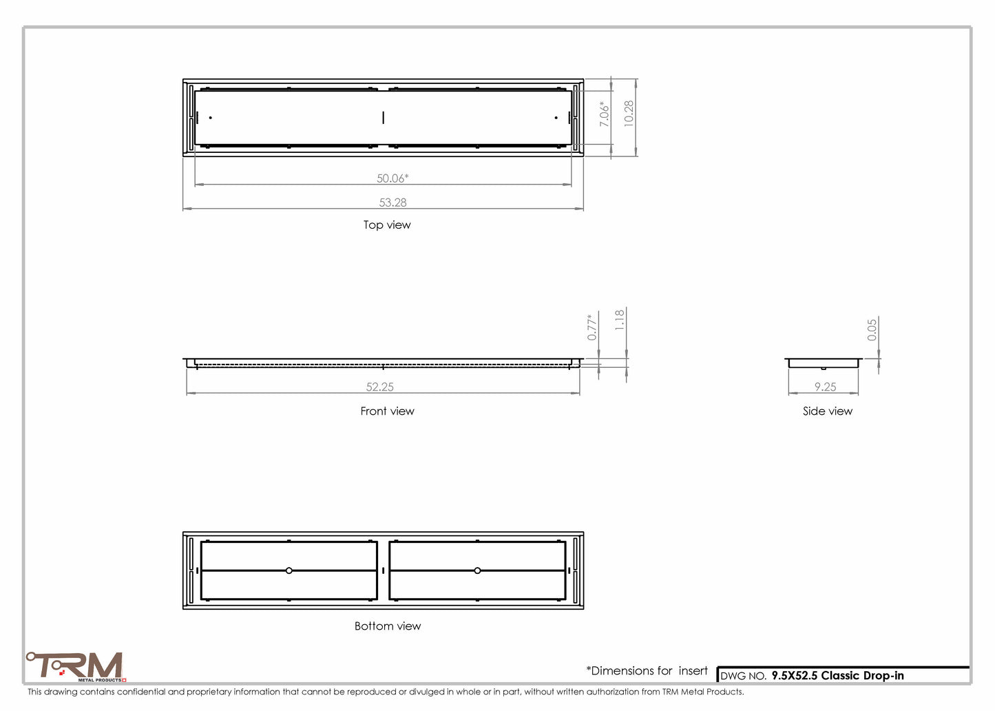 9.5x52.5 - Classic Drop-in Air Vent, Flush Floor-Matching, All Metal, Floor Vent Cover - TRM Metal  52.5x9.5