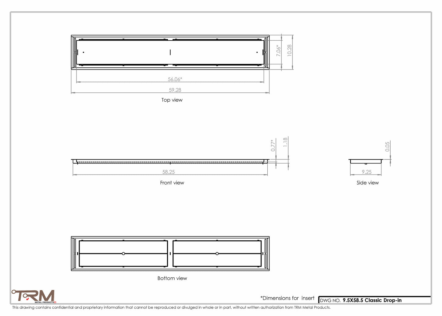 9.5x58.5 - Classic Drop-in Air Vent, Flush Floor-Matching, All Metal, Floor Vent Cover - TRM Metal  58.5x9.5