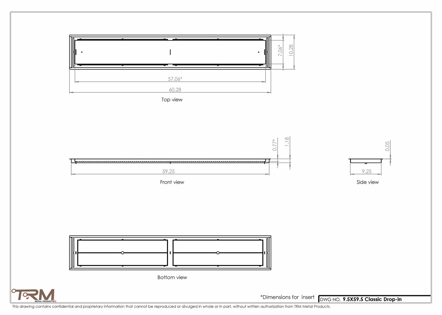 9.5x59.5 - Classic Drop-in Air Vent, Flush Floor-Matching, All Metal, Floor Vent Cover - TRM Metal  59.5x9.5