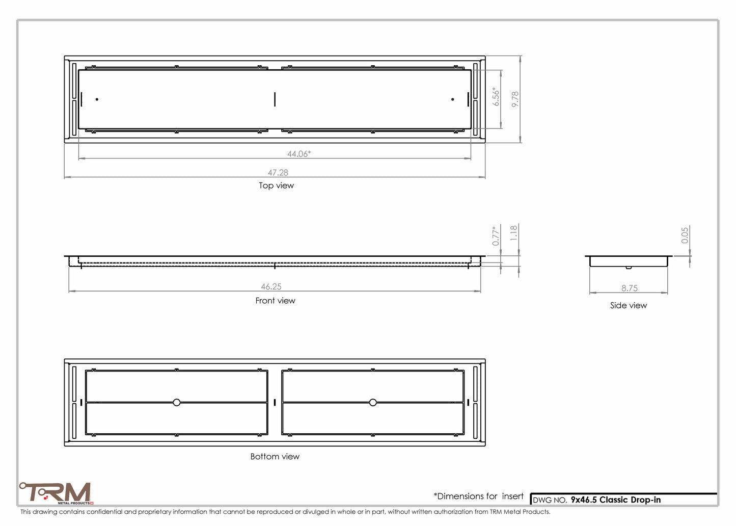 9x46.5 - Classic Drop-in Air Vent, Flush Floor-Matching, All Metal, Floor Vent Cover - TRM Metal  46.5x9
