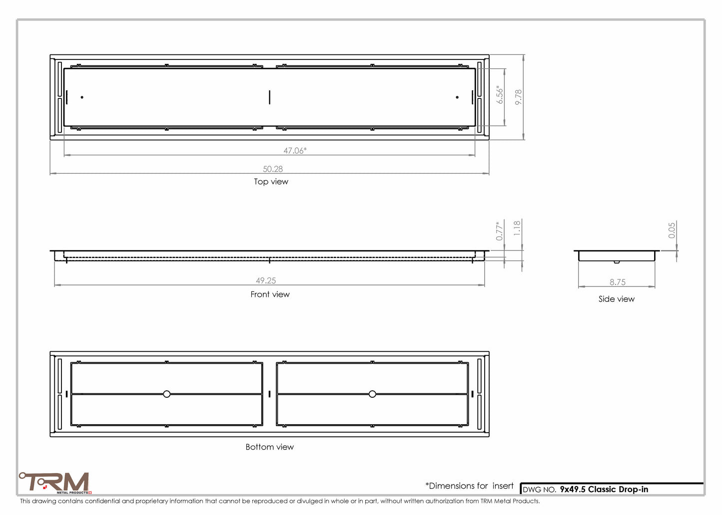 9x49.5 - Classic Drop-in Air Vent, Flush Floor-Matching, All Metal, Floor Vent Cover - TRM Metal  49.5x9