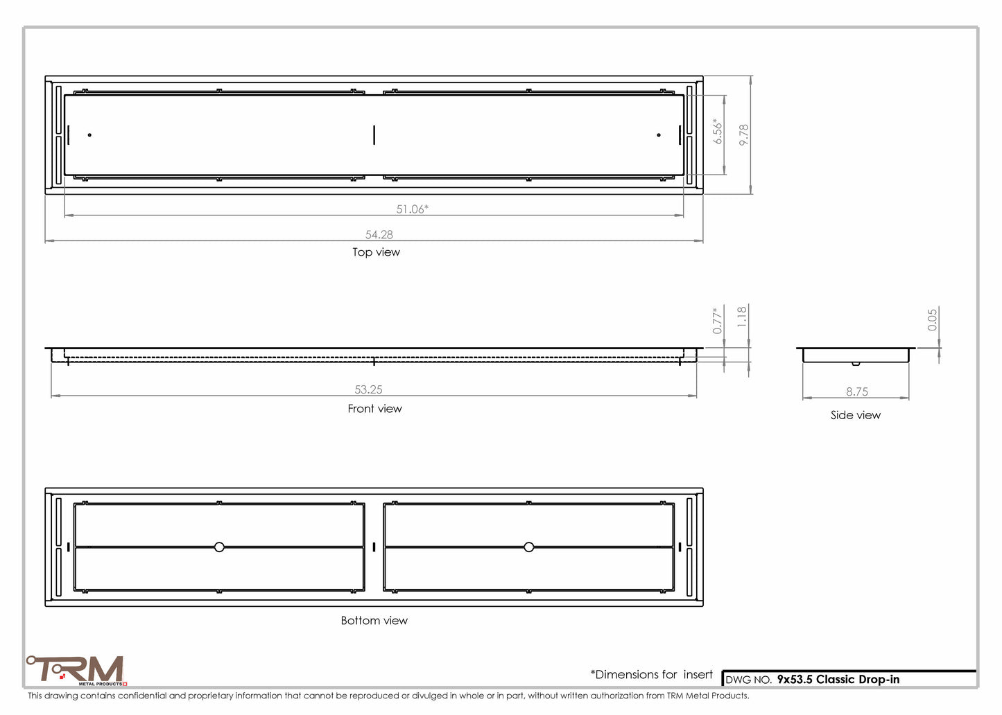 9x53.5 - Classic Drop-in Air Vent, Flush Floor-Matching, All Metal, Floor Vent Cover - TRM Metal  53.5x9