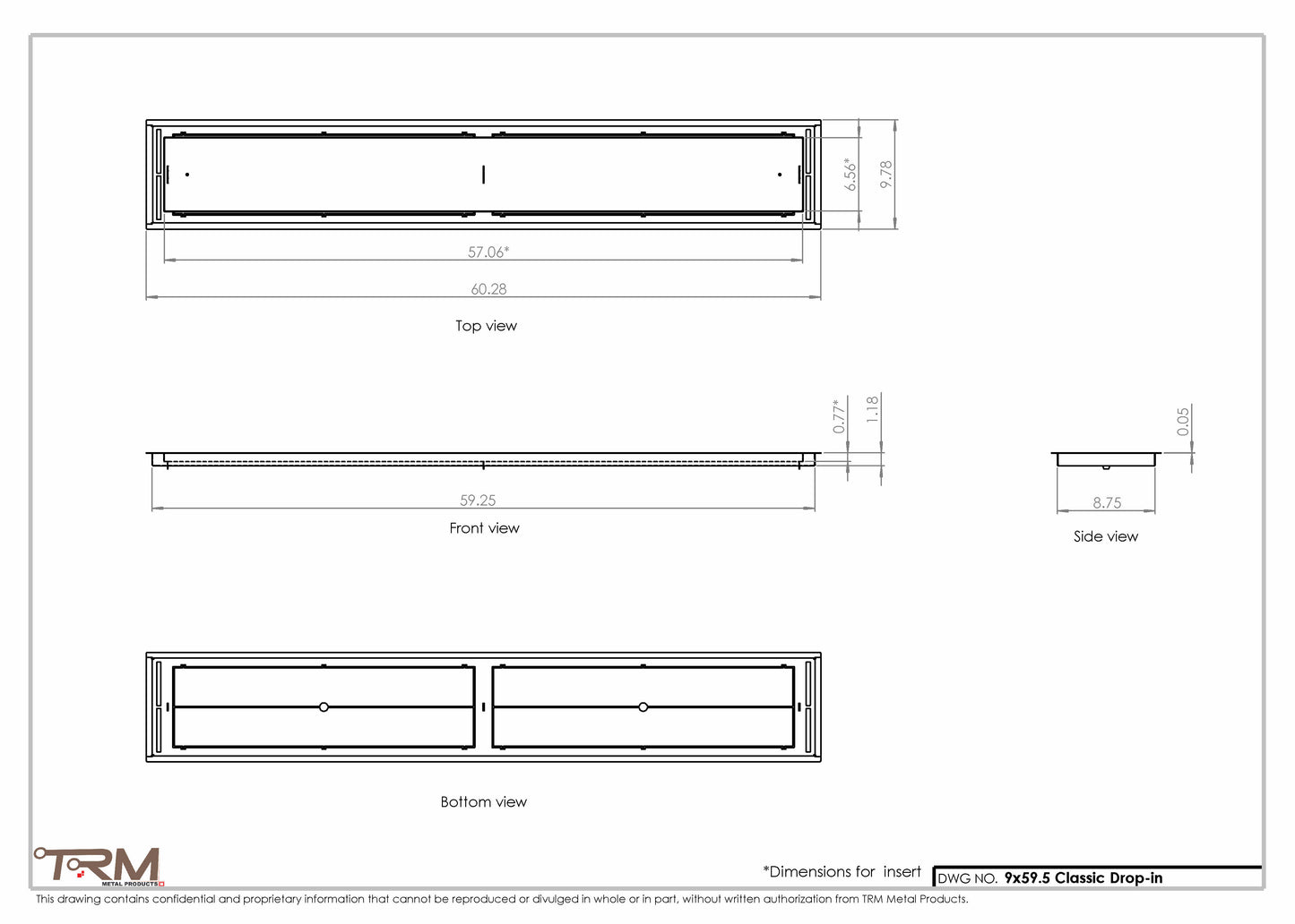 9x59.5 - Classic Drop-in Air Vent, Flush Floor-Matching, All Metal, Floor Vent Cover - TRM Metal  59.5x9