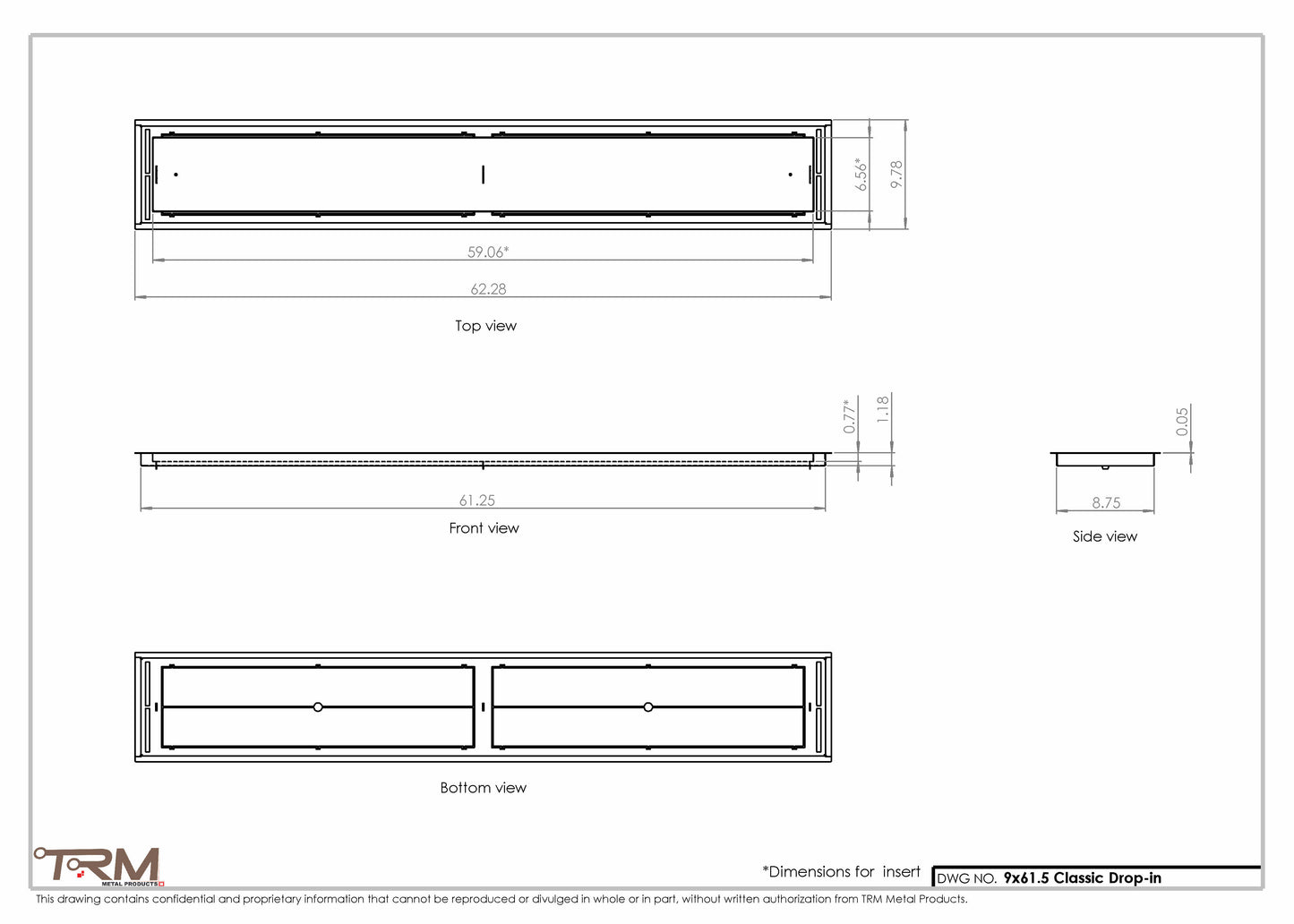 9x61.5 - Classic Drop-in Air Vent, Flush Floor-Matching, All Metal, Floor Vent Cover - TRM Metal  61.5x9