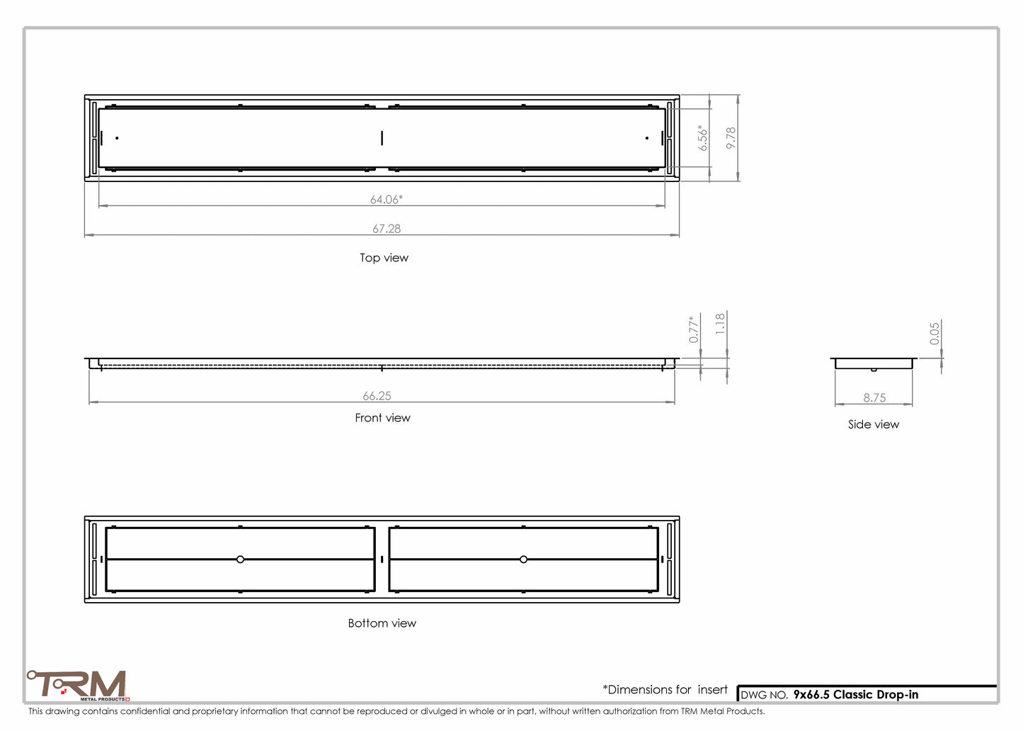 9x66.5 - Classic Drop-in Air Vent, Flush Floor-Matching, All Metal, Floor Vent Cover - TRM Metal  66.5x9