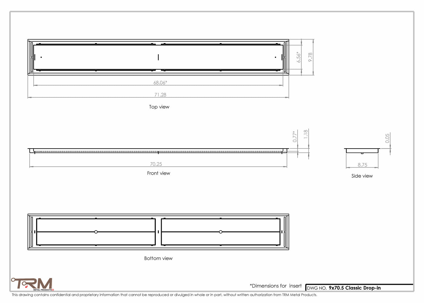 9x70.5 - Classic Drop-in Air Vent, Flush Floor-Matching, All Metal, Floor Vent Cover - TRM Metal  70.5x9