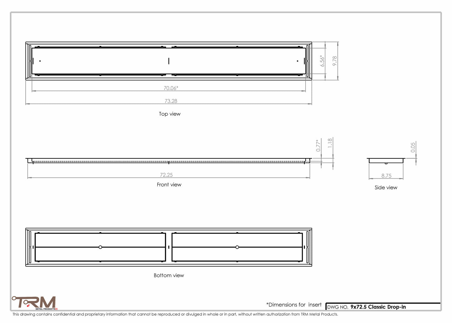 9x72.5 - Classic Drop-in Air Vent, Flush Floor-Matching, All Metal, Floor Vent Cover - TRM Metal  72.5x9