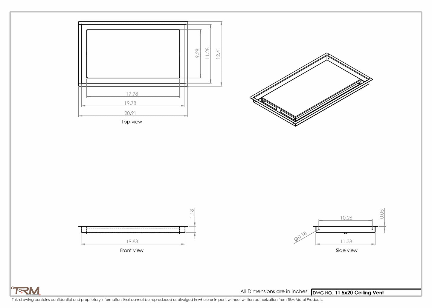 11.5x20 - Modern-Ceiling-Vent Cover-TRM Metal -  20x11.5