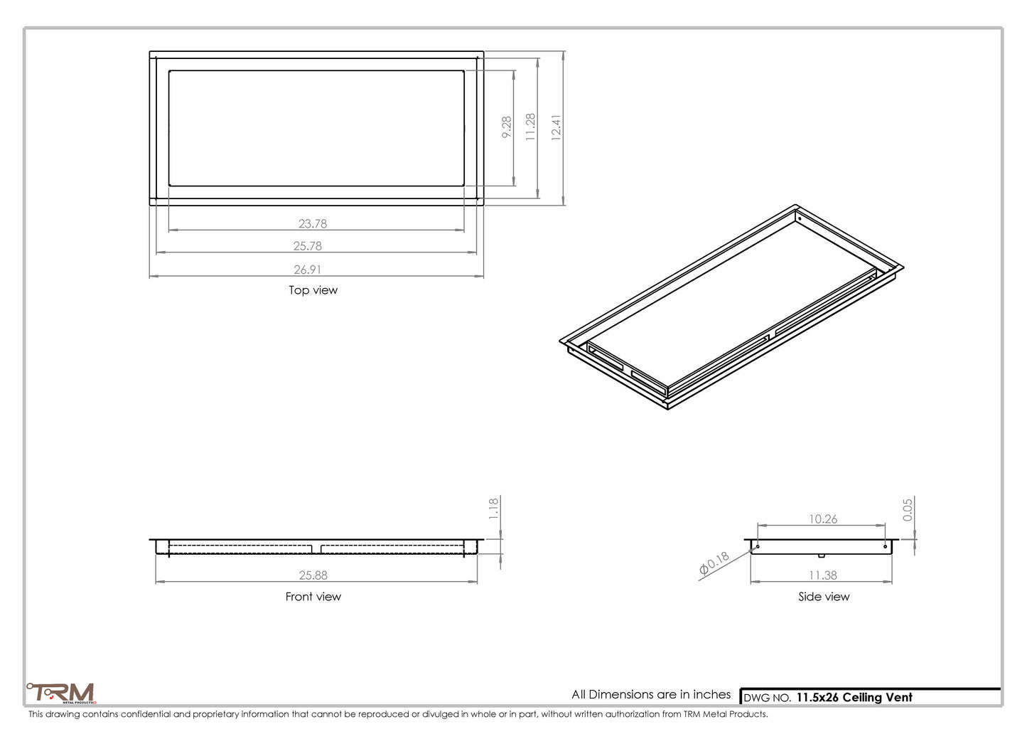 11.5x26 - Modern-Ceiling-Vent Cover-TRM Metal -  26x11.5