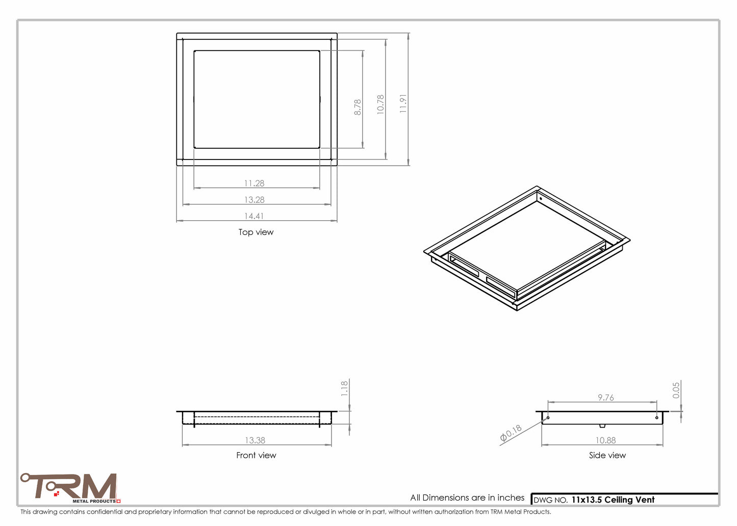 11x13.5 - Modern-Ceiling-Vent Cover-TRM Metal -  13.5x11