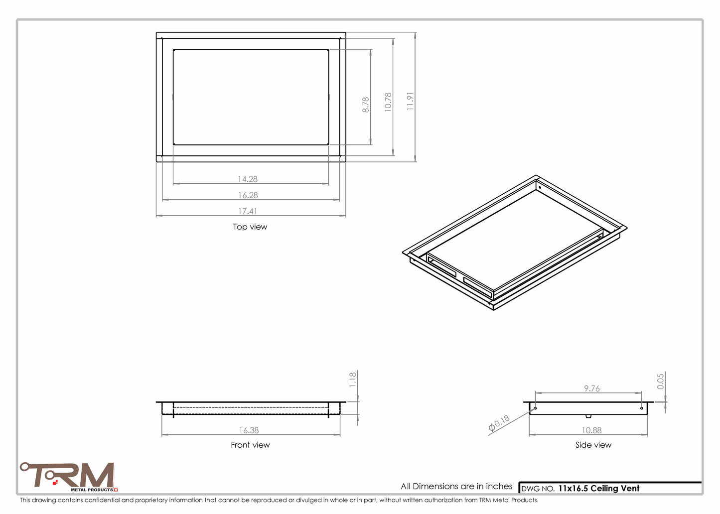 11x16.5 - Modern-Ceiling-Vent Cover-TRM Metal -  16.5x11