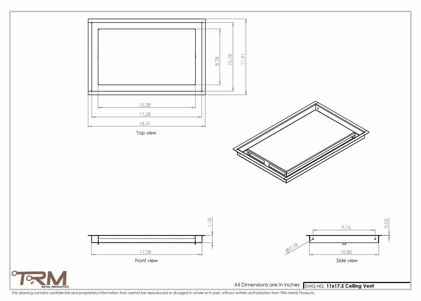 11x17.5 - Modern-Ceiling-Vent Cover-TRM Metal -  17.5x11