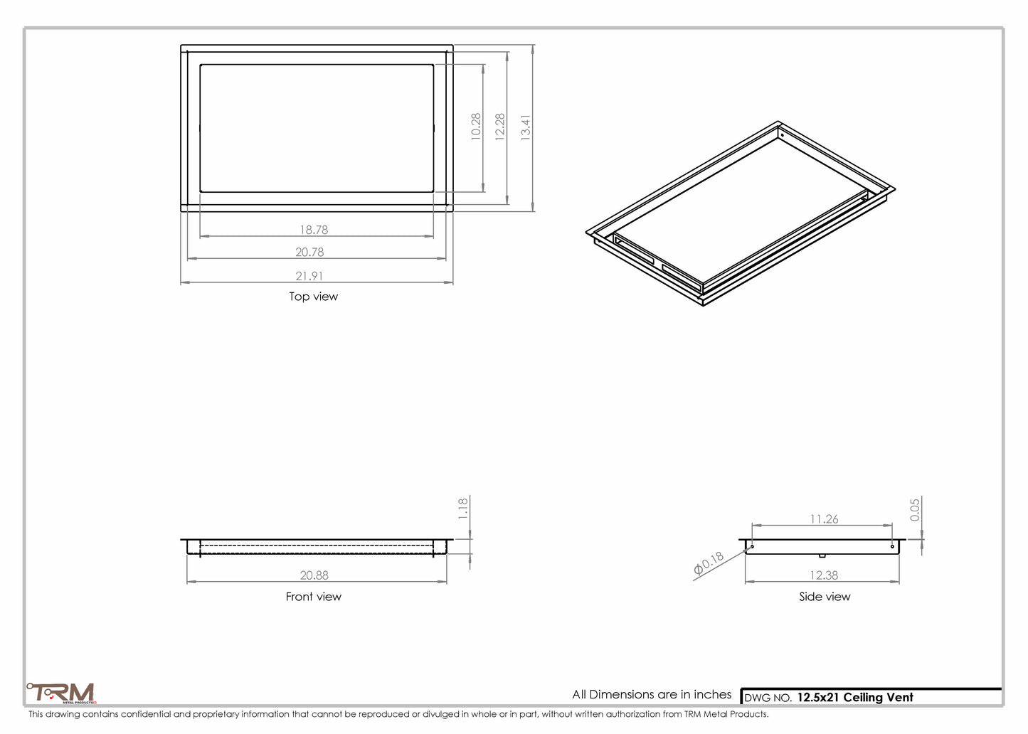 12.5x21 - Modern-Ceiling-Vent Cover-TRM Metal -  21x12.5