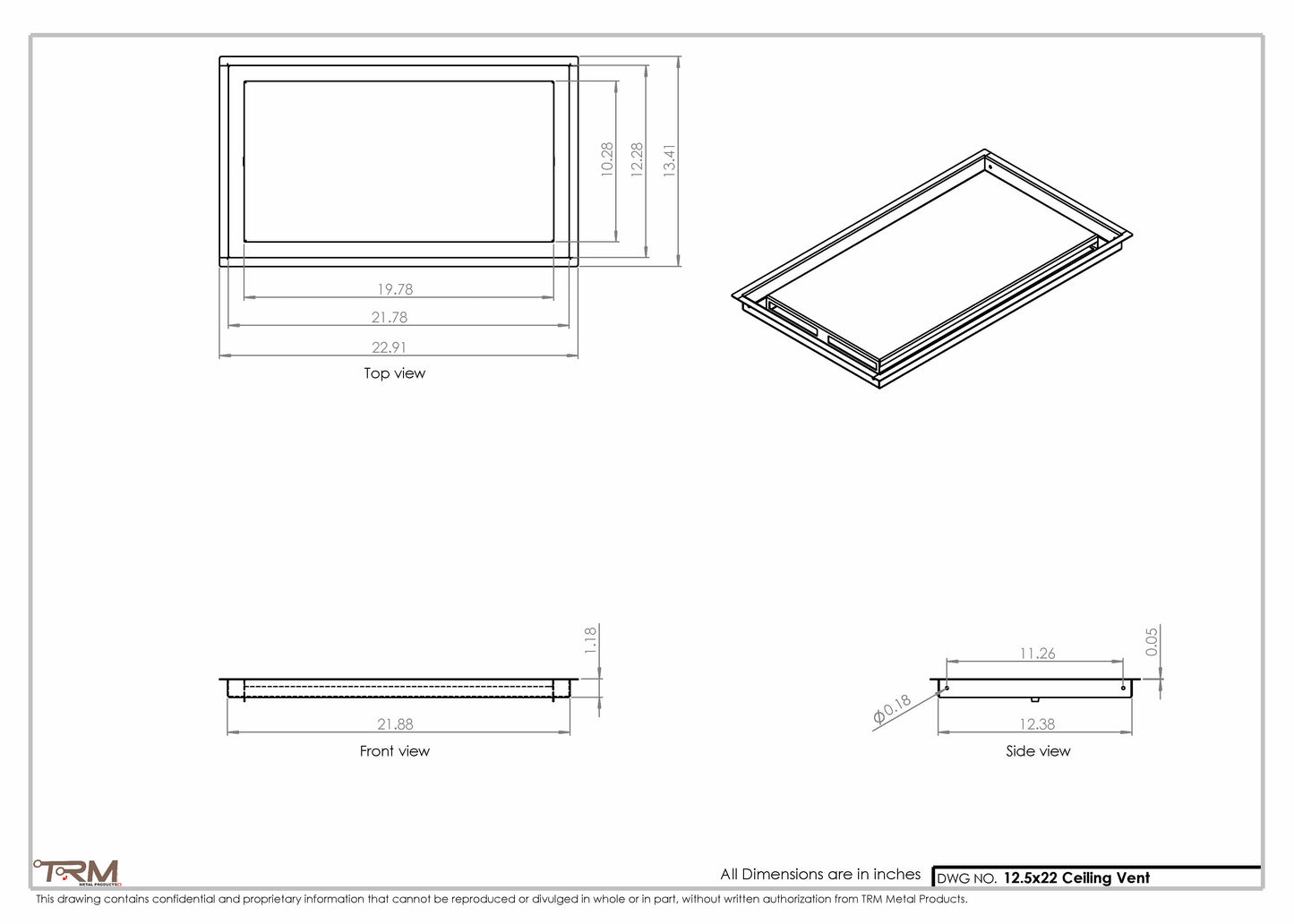 12.5x22 - Modern-Ceiling-Vent Cover-TRM Metal -  22x12.5