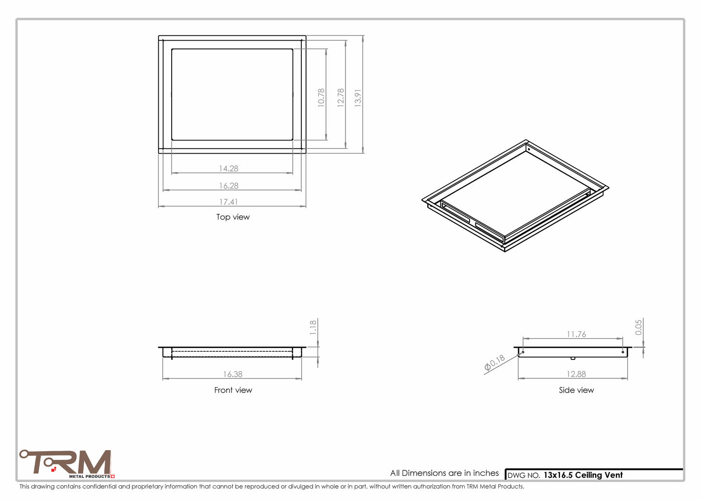 13x16.5 - Modern-Ceiling-Vent Cover-TRM Metal -  16.5x13