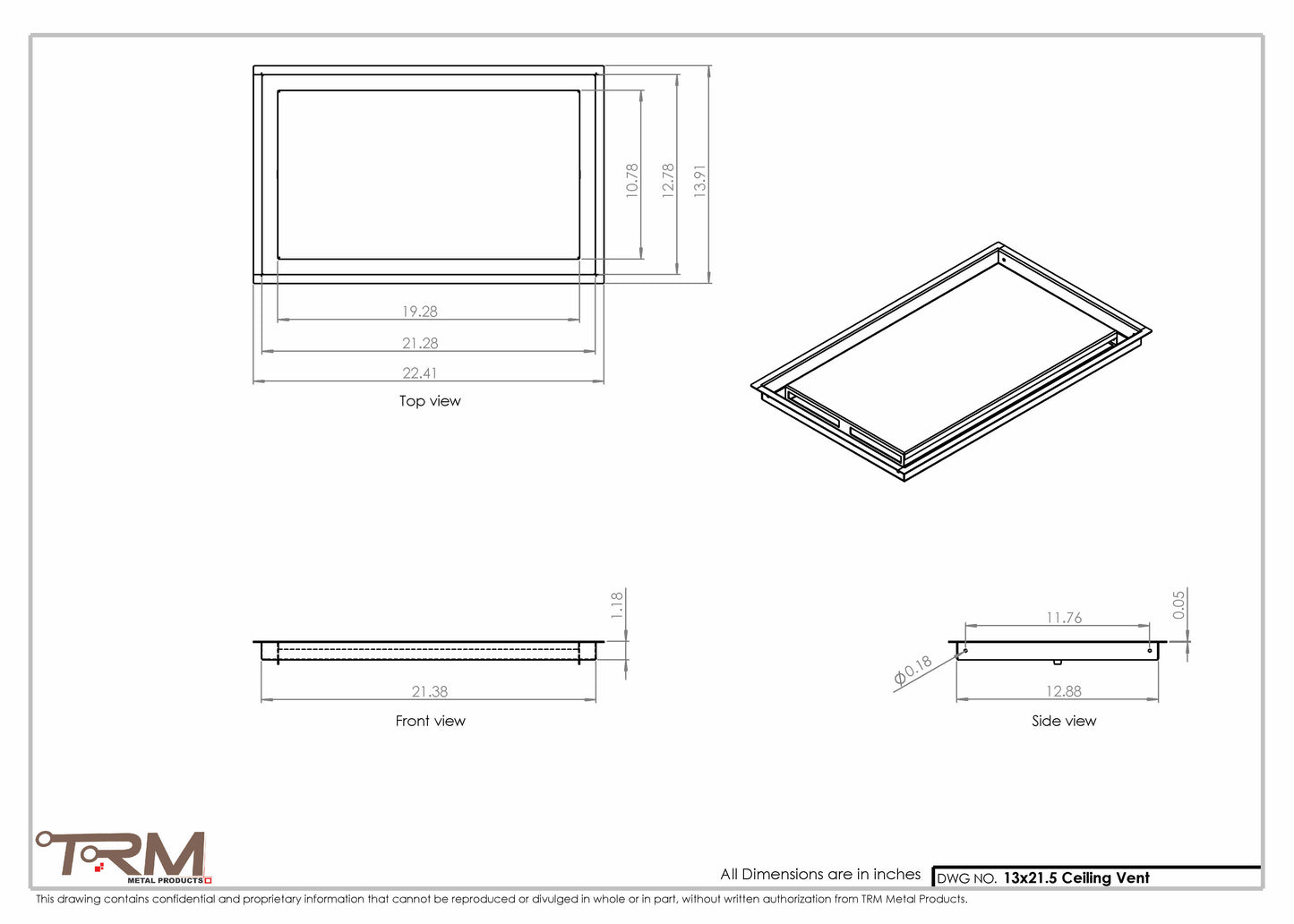 13x21.5 - Modern-Ceiling-Vent Cover-TRM Metal -  21.5x13