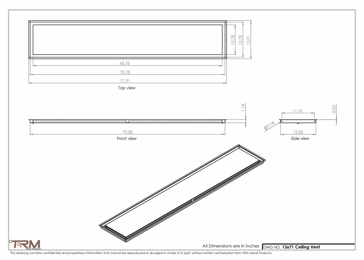 13x71 Ceiling Vent Cover | Flush Mount Steel Grille