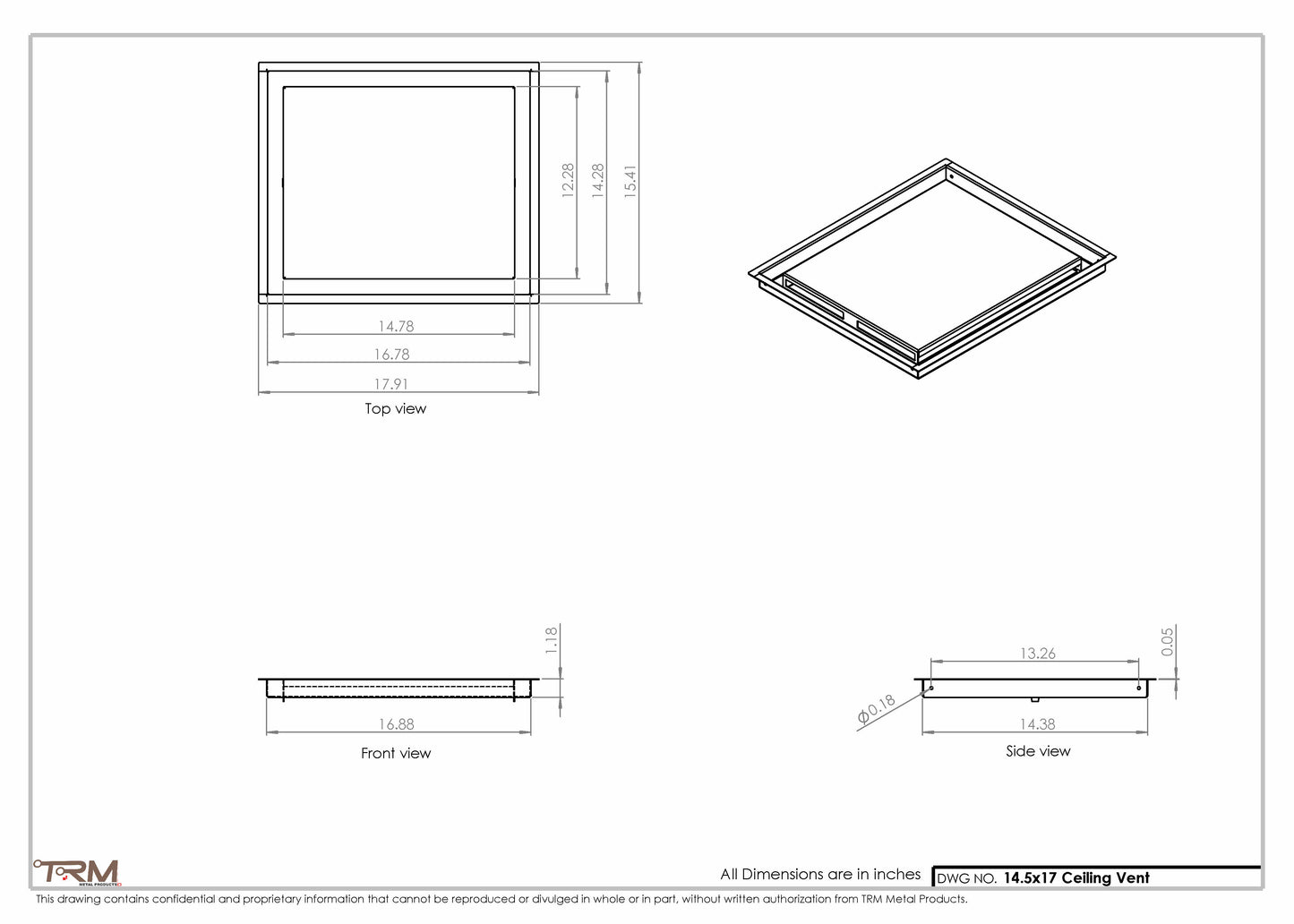 14.5x17 - Modern-Ceiling-Vent Cover-TRM Metal -  17x14.5