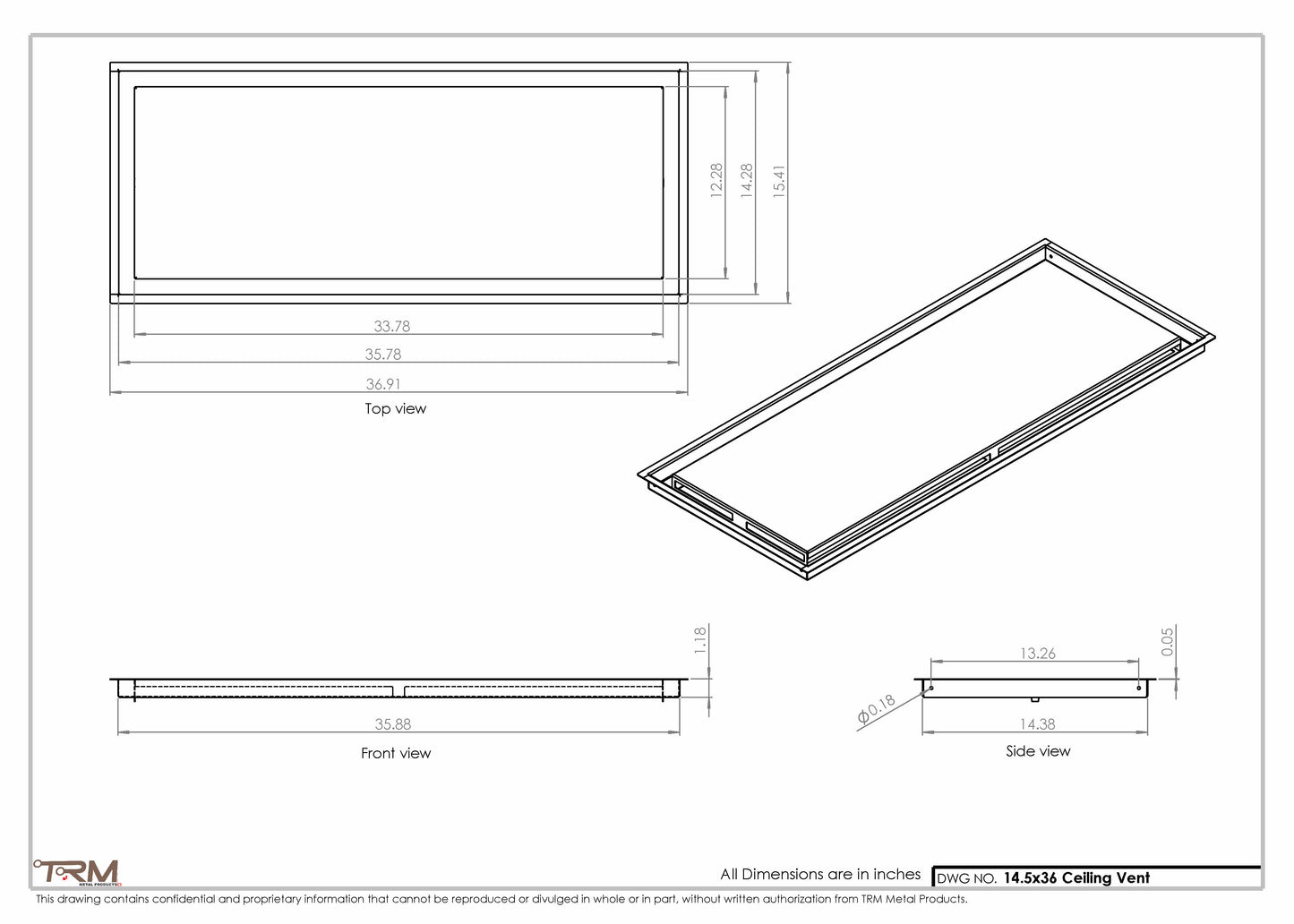 14.5x36 - Modern-Ceiling-Vent Cover-TRM Metal -  36x14.5