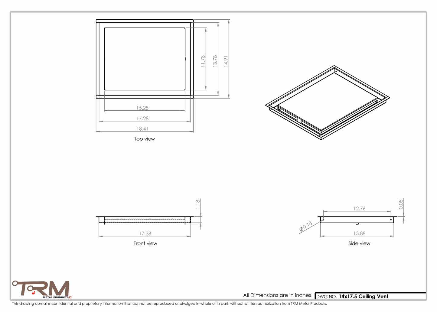 14x17.5 - Modern-Ceiling-Vent Cover-TRM Metal -  17.5x14