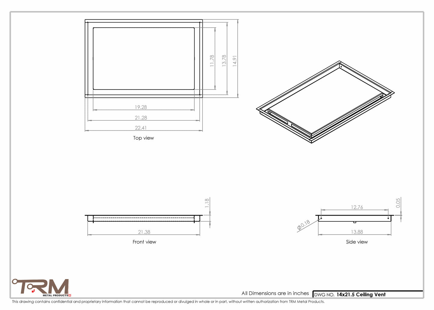 14x21.5 - Modern-Ceiling-Vent Cover-TRM Metal -  21.5x14